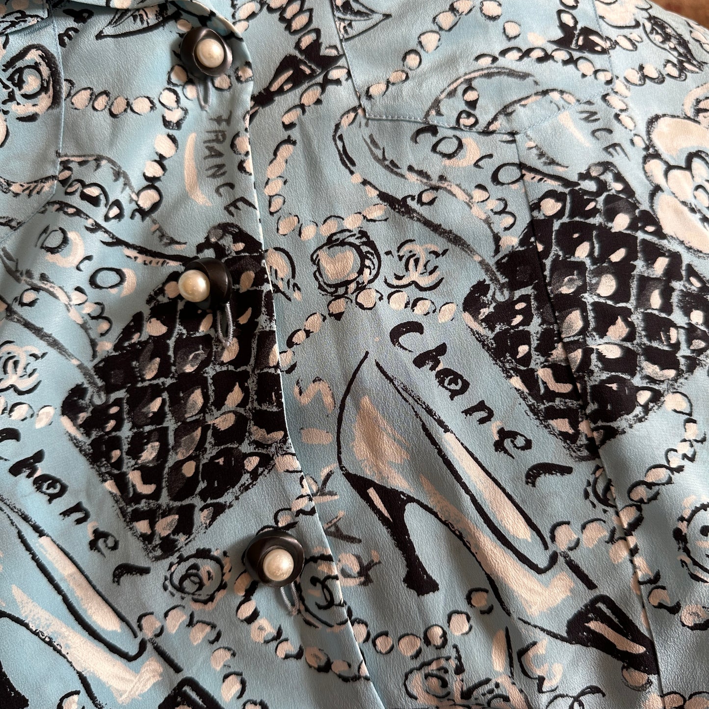Chanel Spring 1993 Runway Blue Silk Illustrated Pattern Shirt Blouse