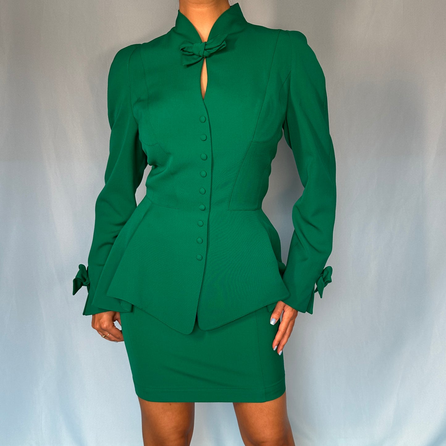 Thierry Mugler Green Bow Detail Contoured Jacket & Skirt Suit