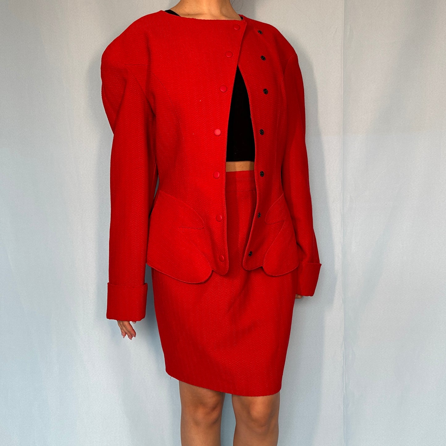 Thierry Mugler Red Asymmetric Jacket Skirt Suit Set