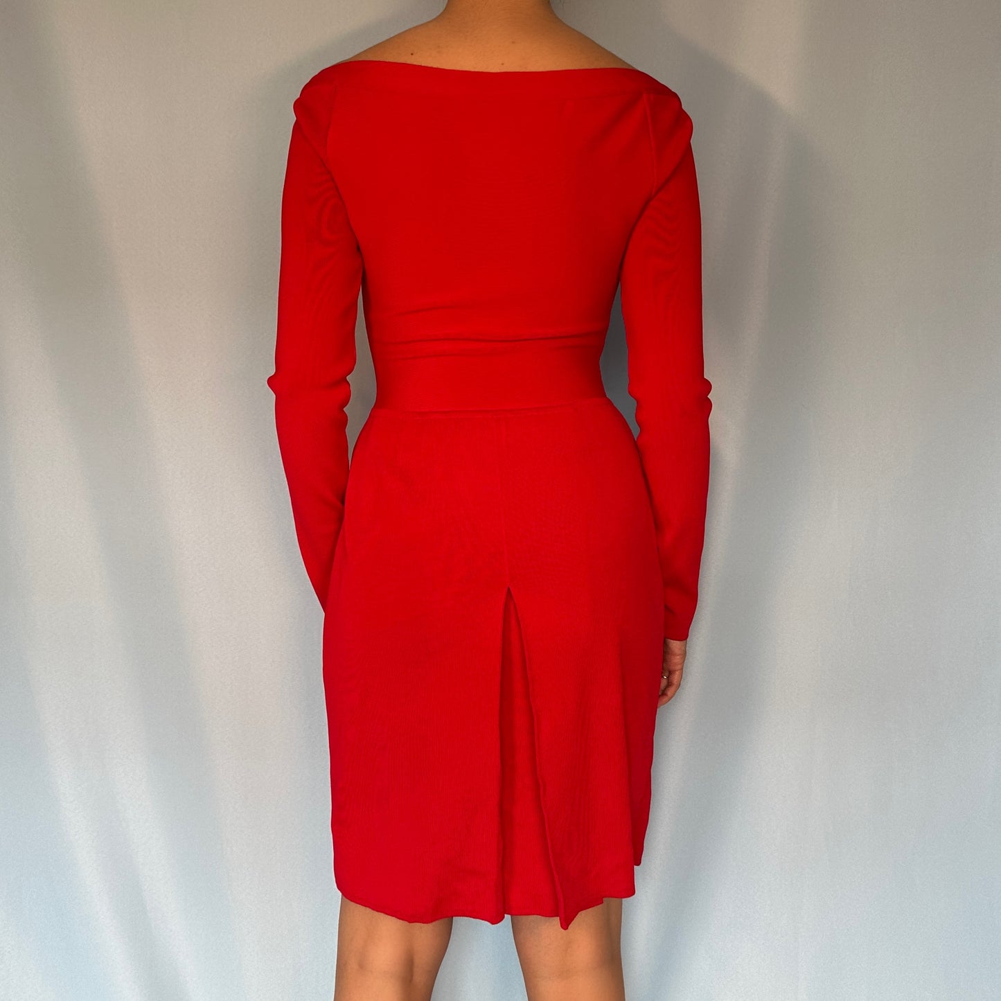 Herve Leger Red Long Sleeve Pleat Skirt Plunge Bandage Dress