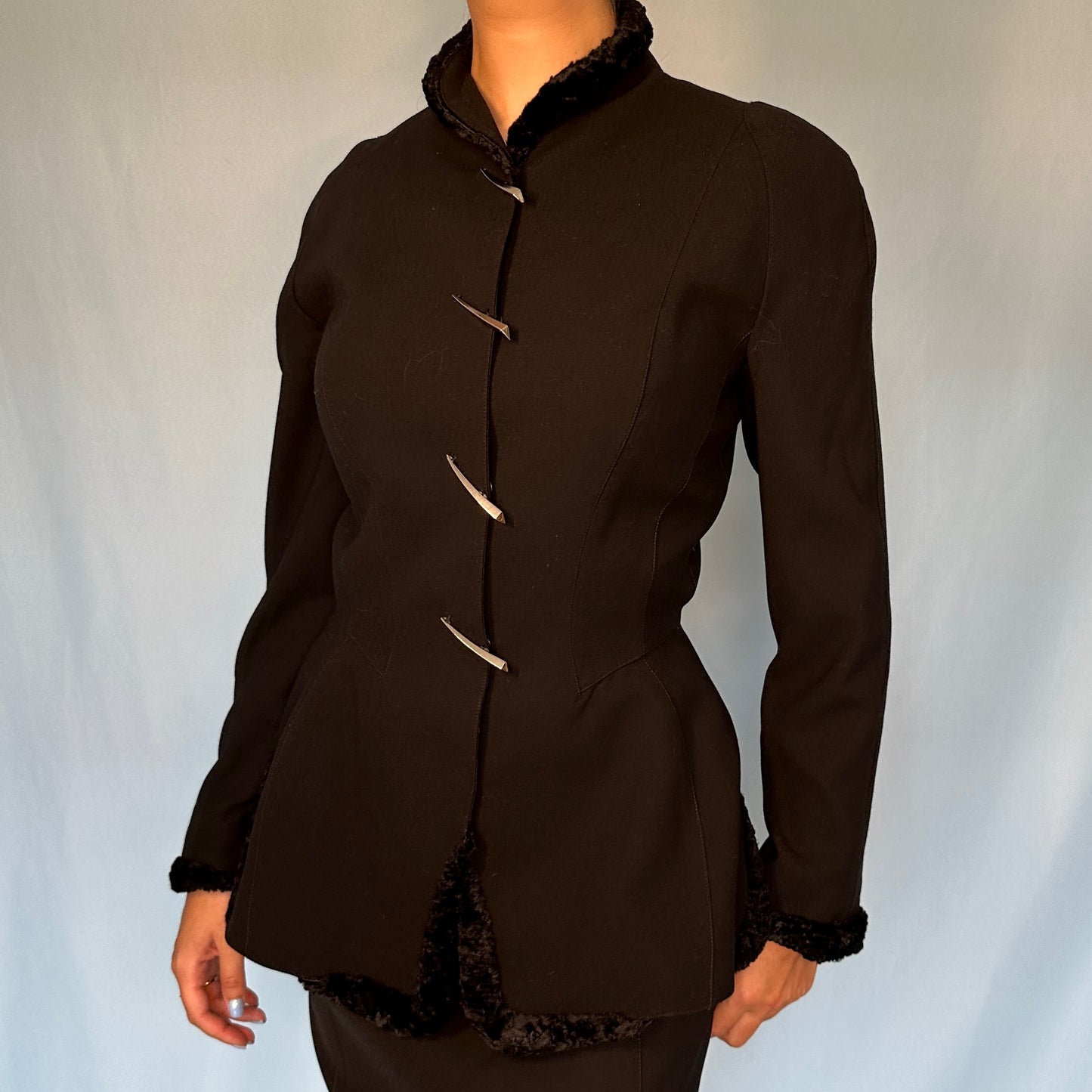 Thierry Mugler Fall 1995 Black Faux Fur & Metal Detail Jacket