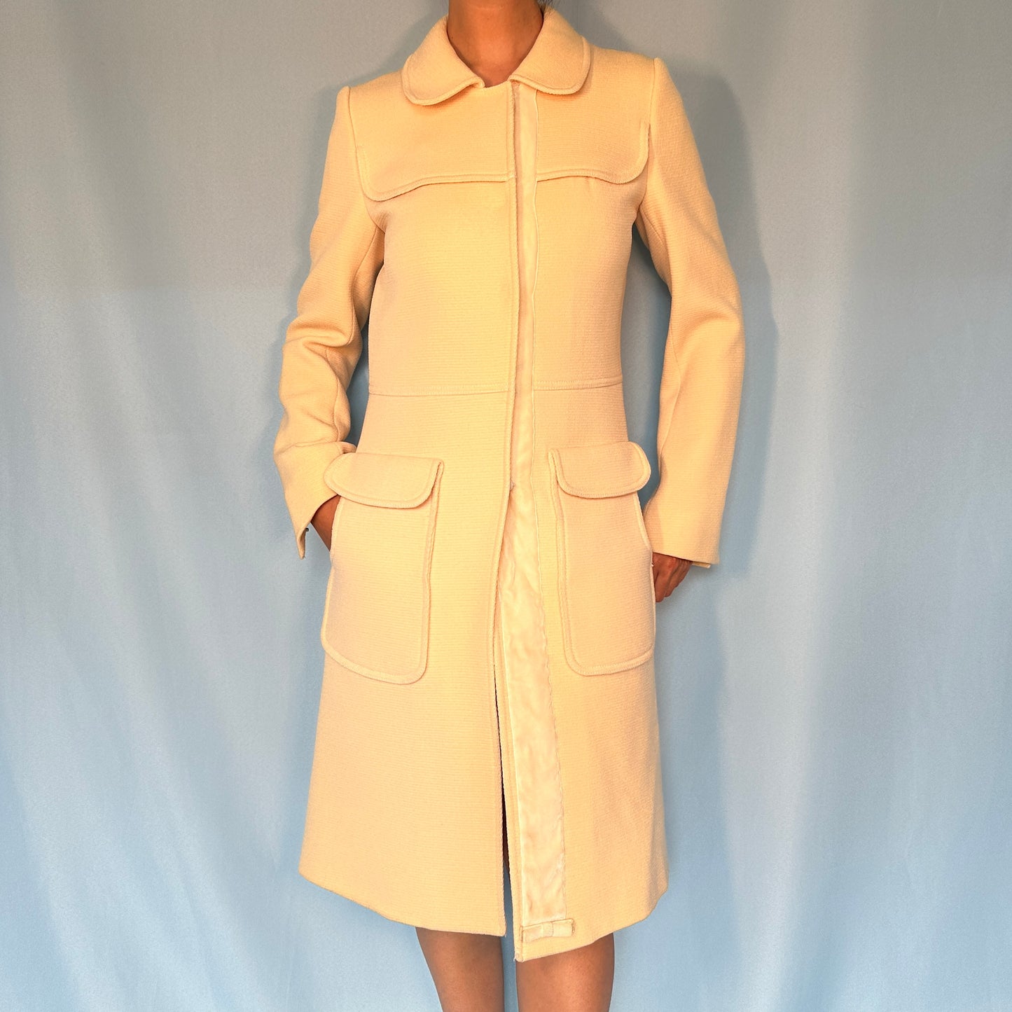 Prada Cream Wool Velvet Detail Jacket Coat
