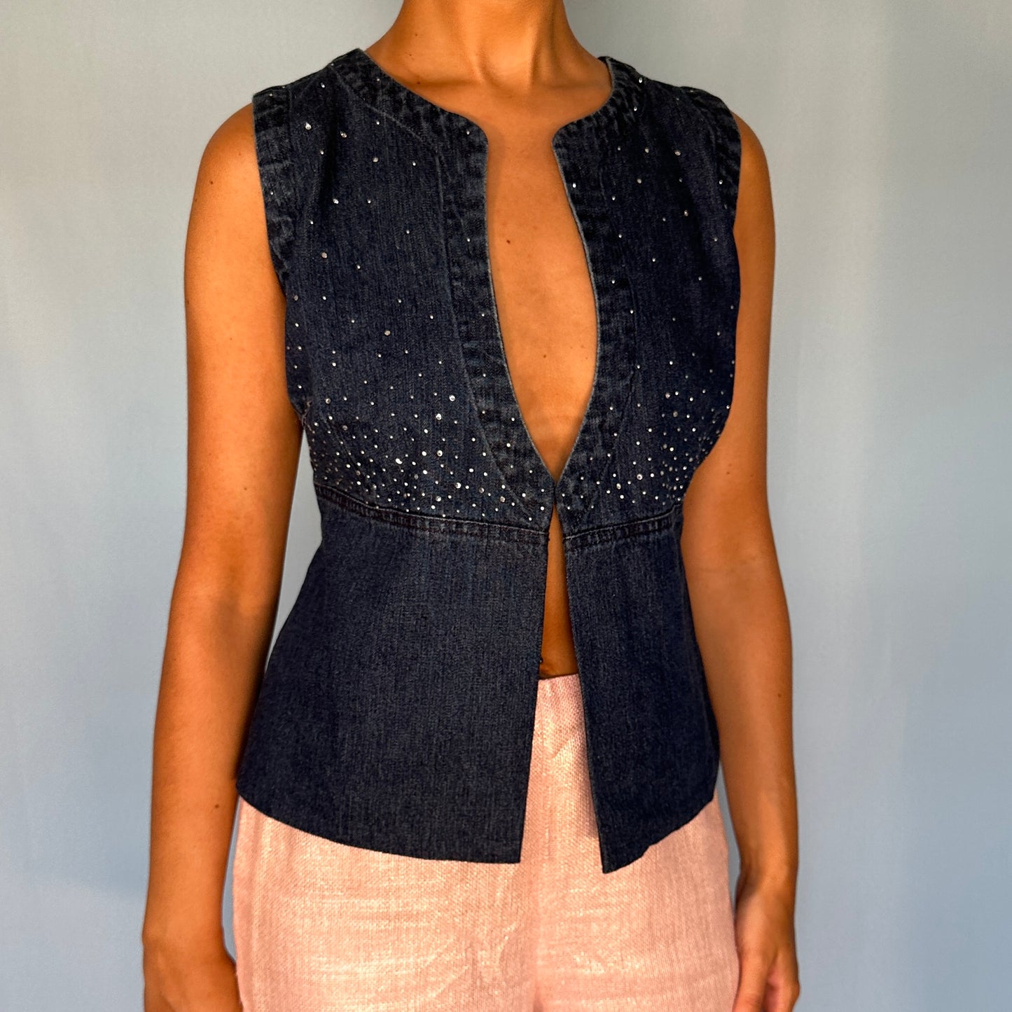Fendi Denim Crystal Embellished Skirt & Vest Jacket Set