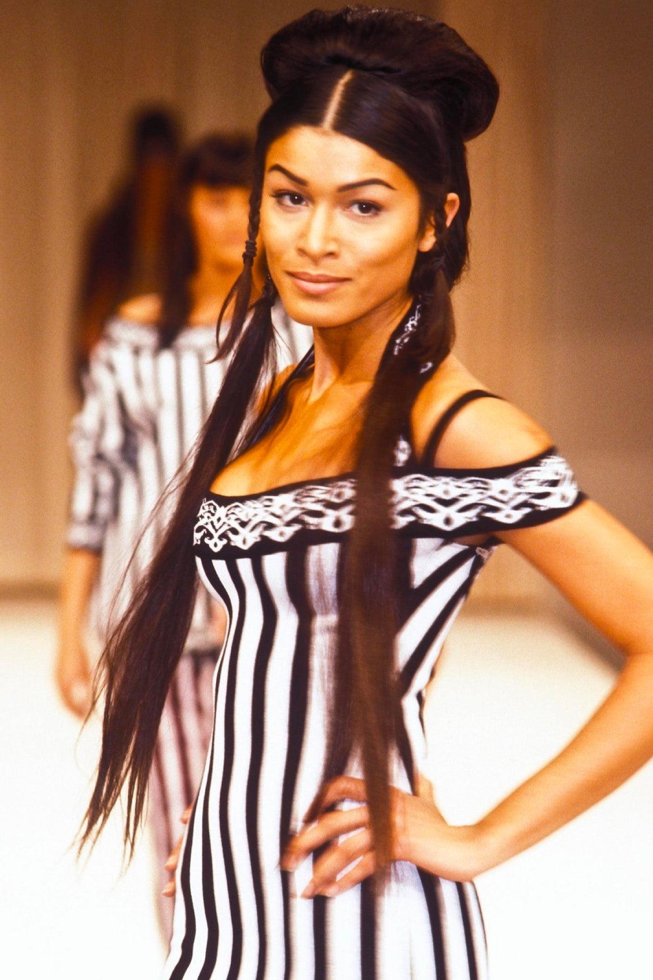 Azzedine Alaia Spring 1992 Off Shoulder Striped Bodysuit
