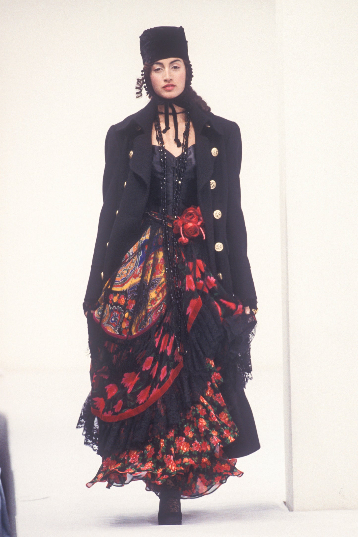 Dolce & Gabbana Fall 1993 Runway Multi Print Tiered Fringed Maxi Skirt