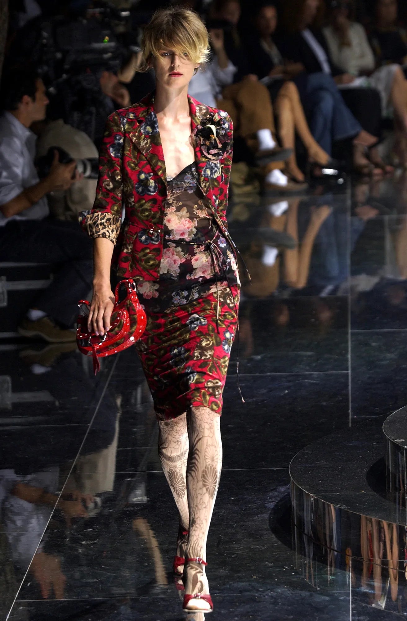Dolce & Gabbana Spring 2004 Floral Silk Chiffon Crystal Trim Dress