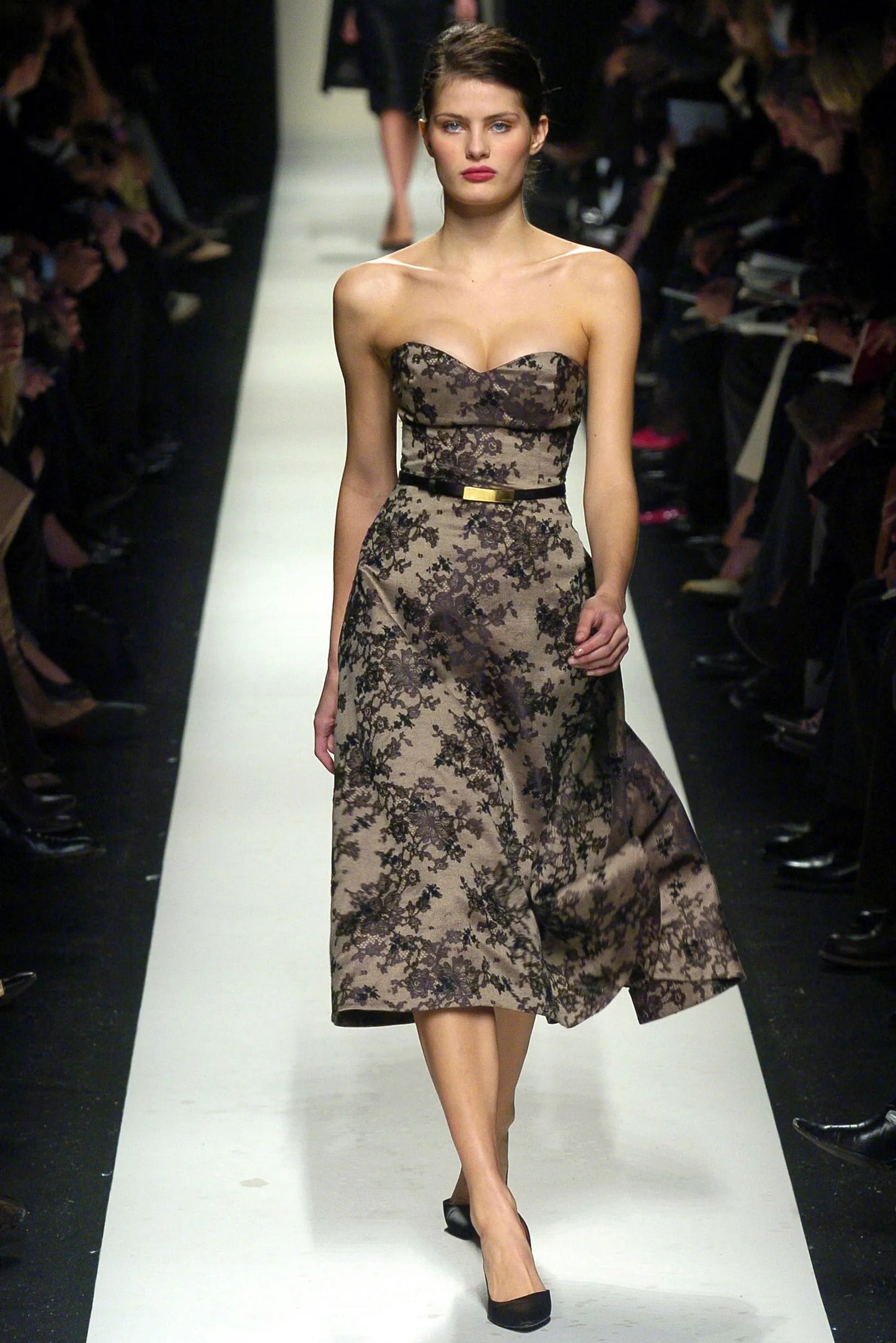 Celine Fall 2004 Runway Lace Print Corseted Strapless Dress