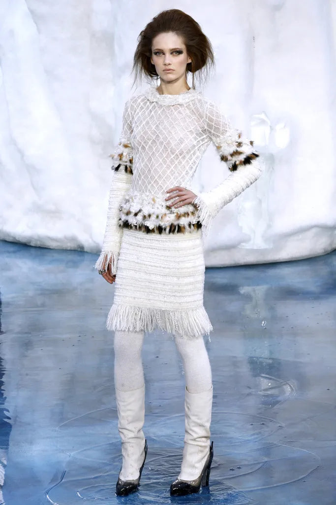Chanel Fall 2010 Runway Cream Faux Fur Fringed Skirt