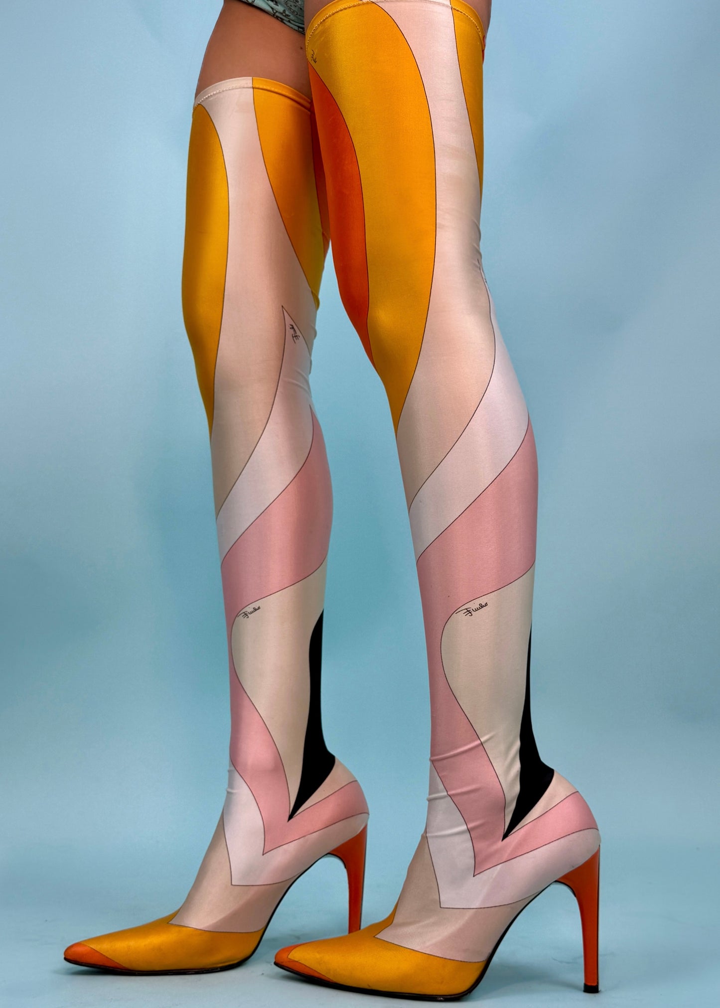 Emilio Pucci Orange & Pink Printed Sock Thigh High Boots