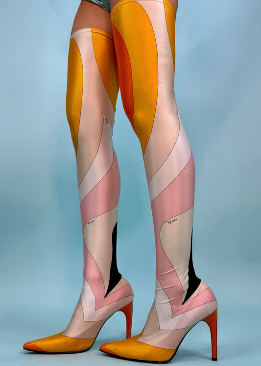 Emilio Pucci Orange & Pink Printed Sock Thigh High Boots