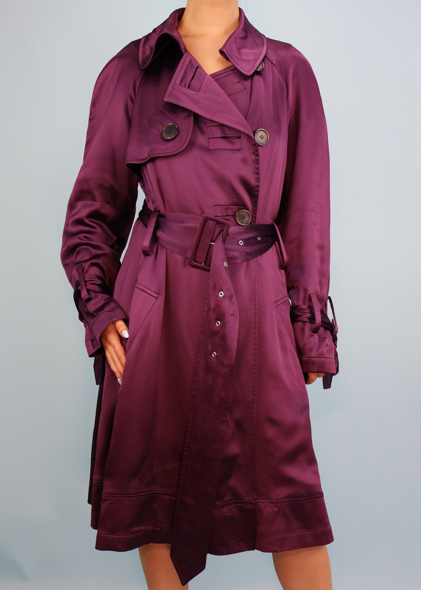 John Galliano Spring 2001 Purple Silk Satin Trench Coat