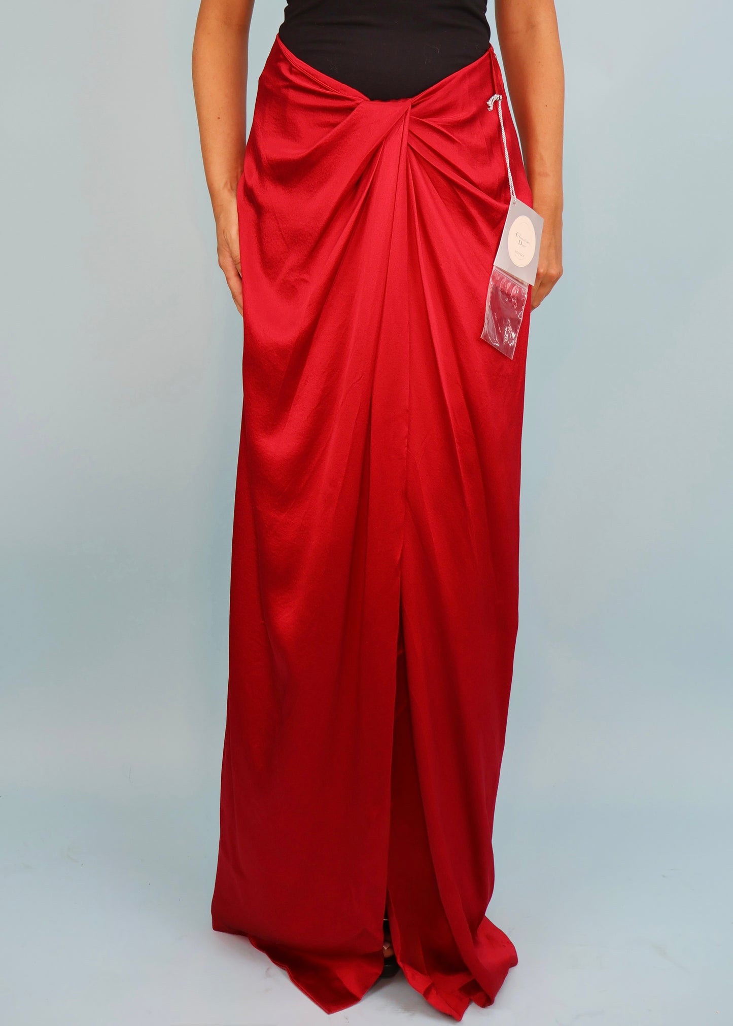 Dior Resort 1994 Red Silk Satin Dipped Waist Draped Maxi Skirt