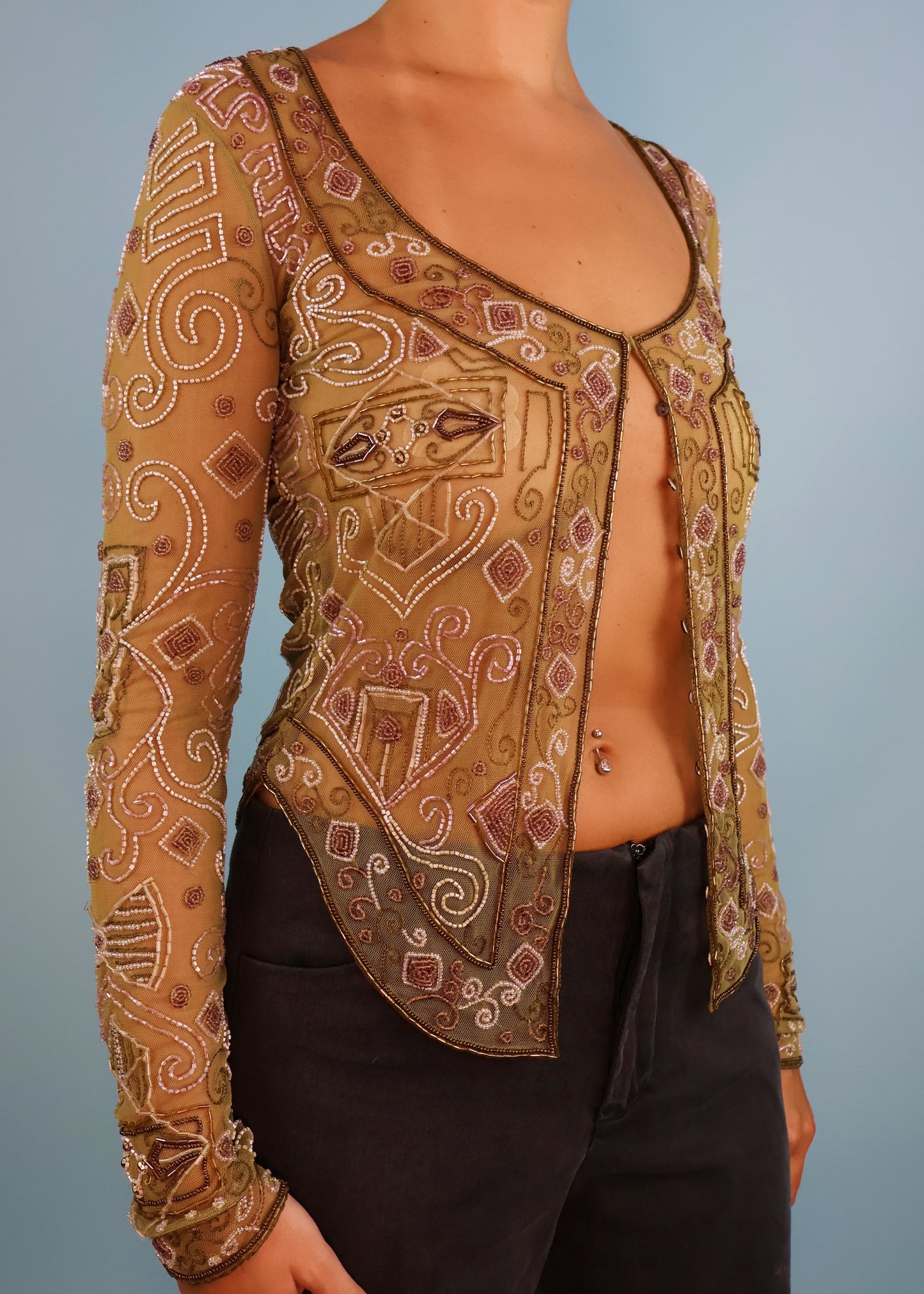 Chloé Fall 2000 Runway Bead Embellished Mesh Cardigan Top