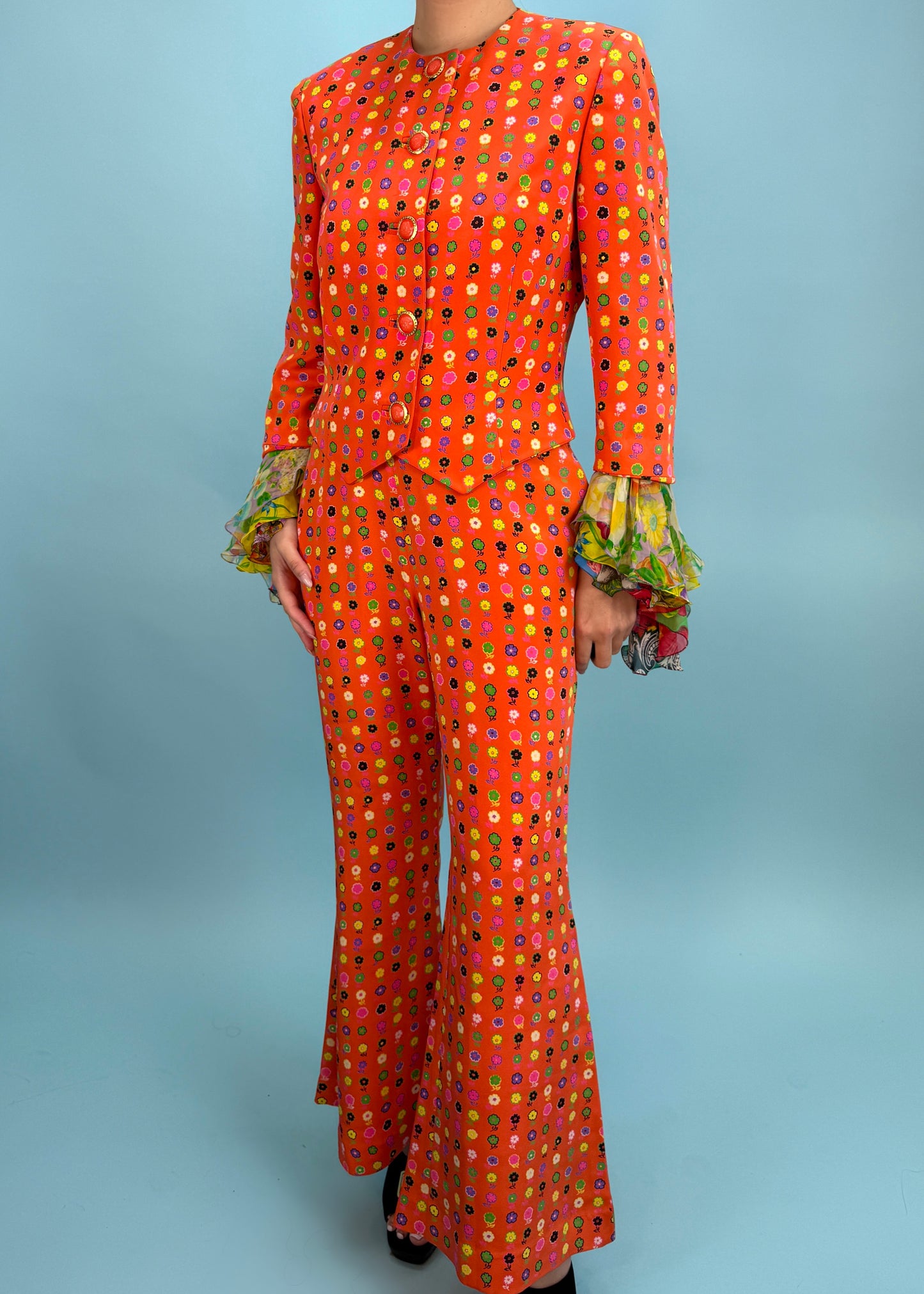 Versace Spring 1993 Runway Floral Silk Chiffon Ruffle Jacket & Flared Pants Set