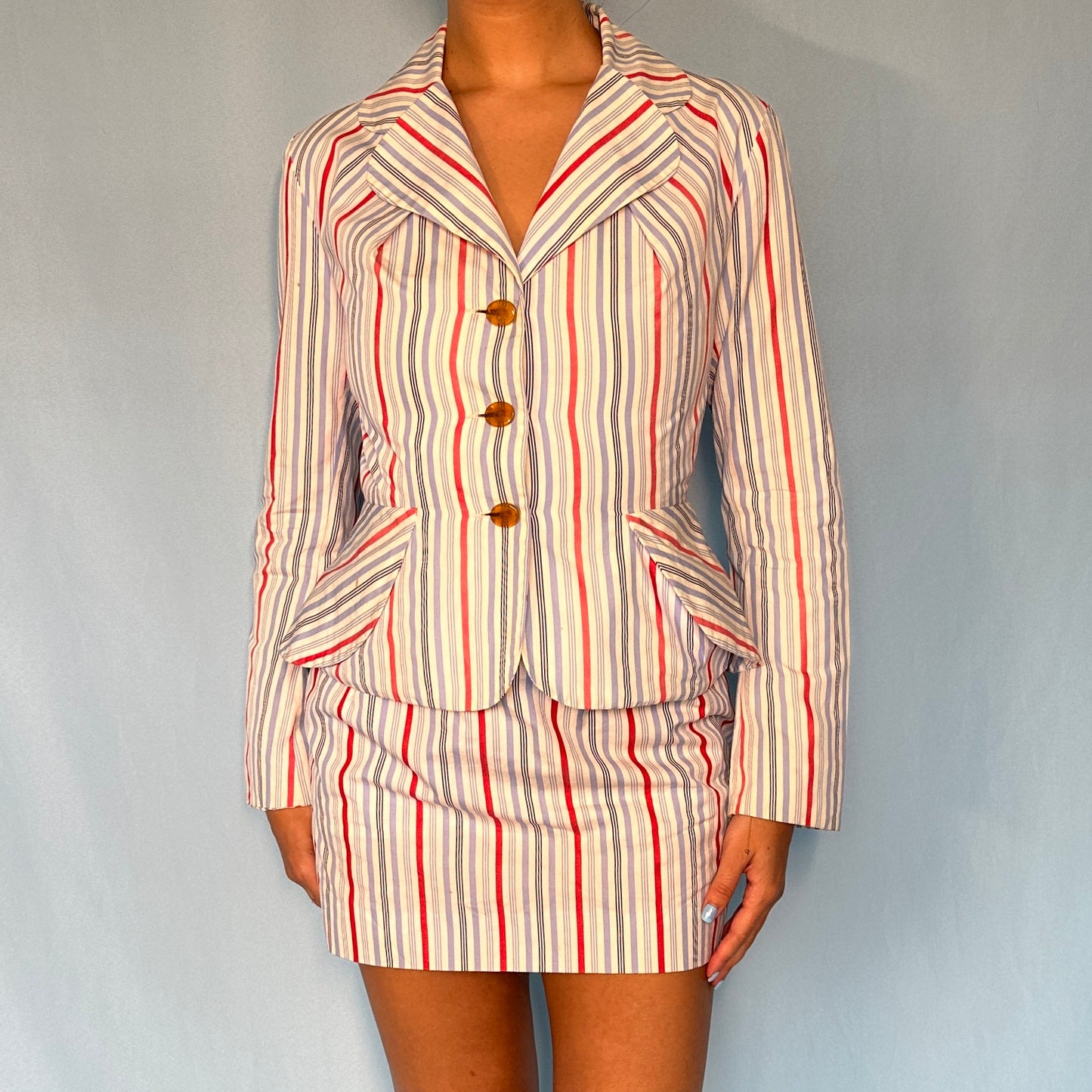 Vivienne Westwood Spring 1994 “Cafe Society” Runway Feather Bustle Striped Skirt & Jacket Suit Set