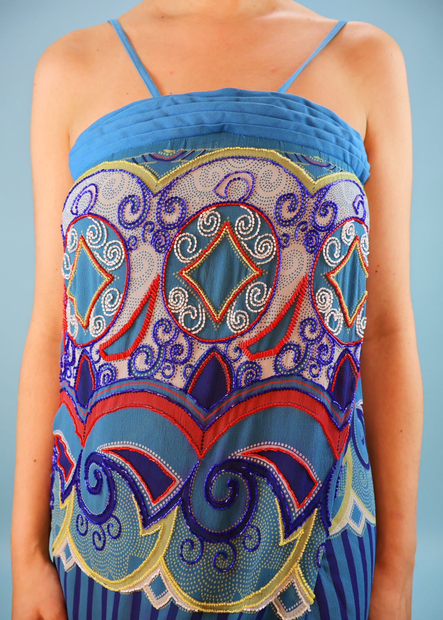 Versace Spring 1982 Runway Blue Embellished Striped Silk Chiffon Dress