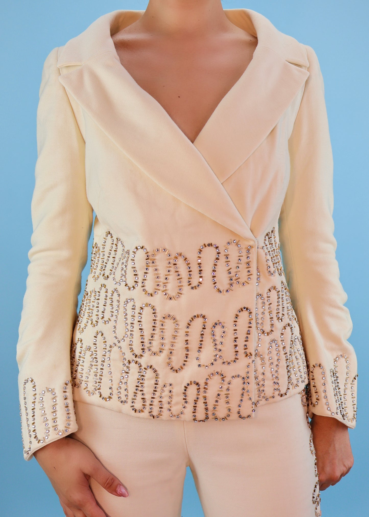 Atelier Versace Fall 1999 Runway Cream Crystal Embellished Jacket & Pants Suit Set