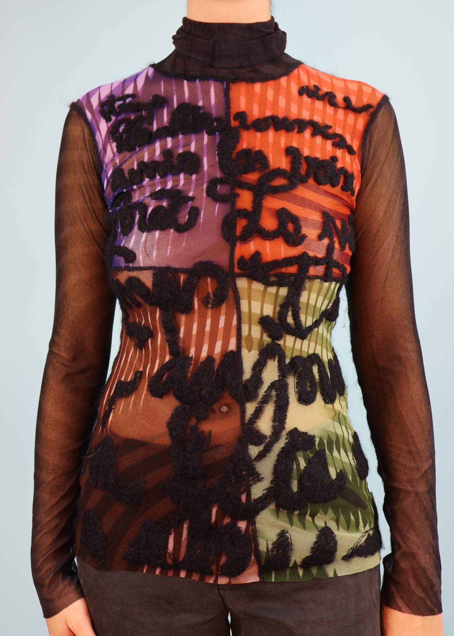 Jean Paul Gaultier Fall 2001 Colour Block & Greta Garbo Face Print Mesh Top