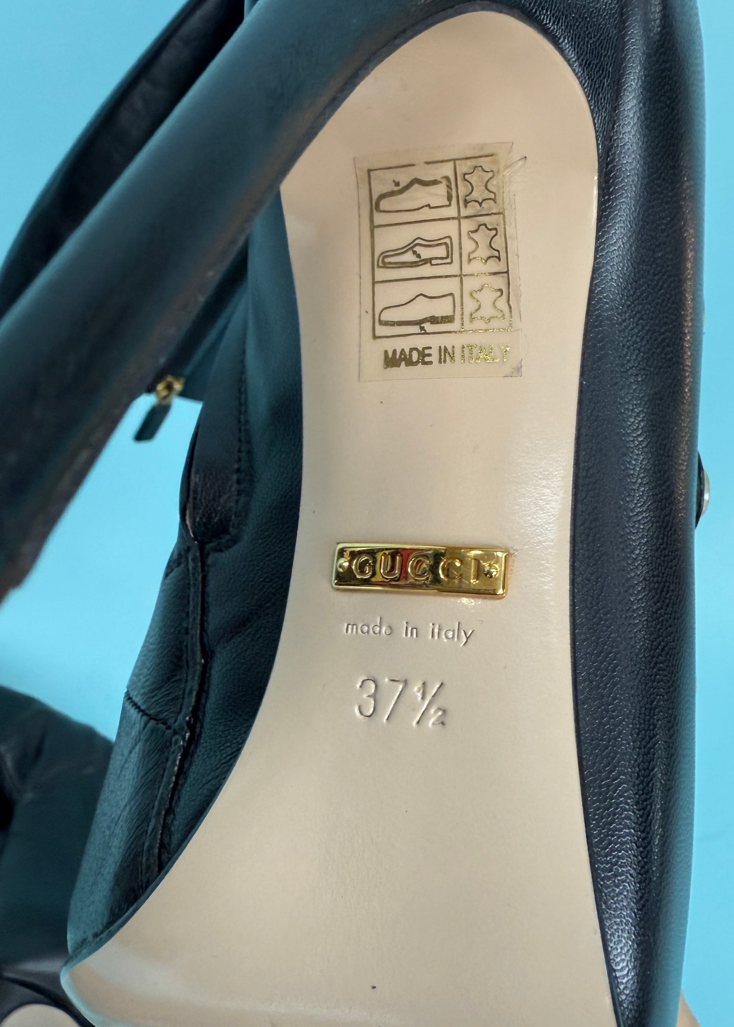 Gucci Black Leather Mother of Pearl Button Heeled Boots