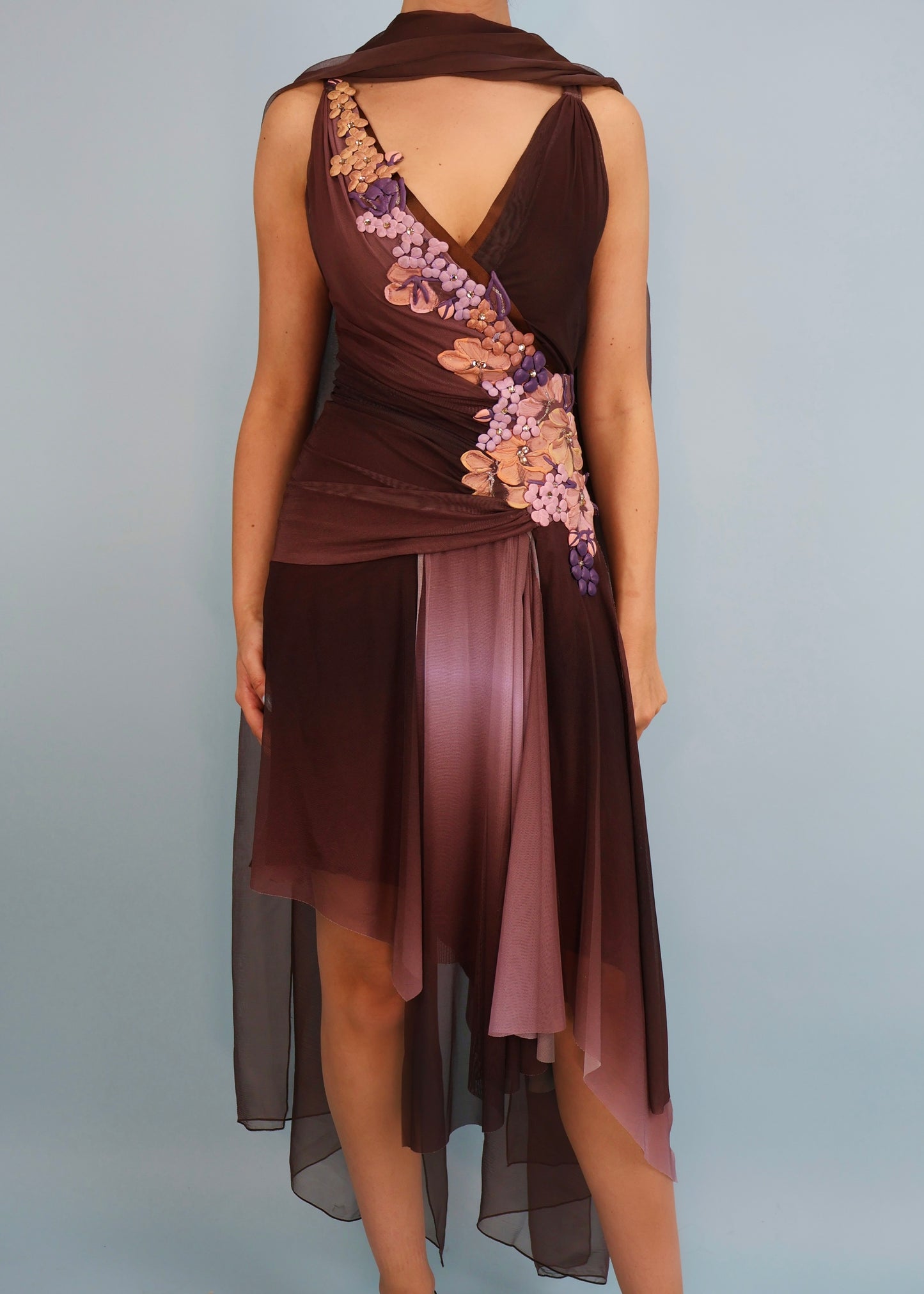 Ema Savahl Couture Hand Painted Floral & Crystal Embellishment Brown Asymmetric Dress & Scarf