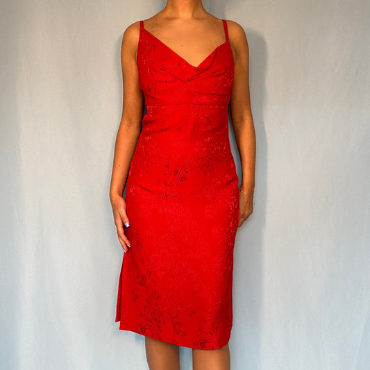 Versace 1998 Red Satin Draped Cowl Neckline Dress