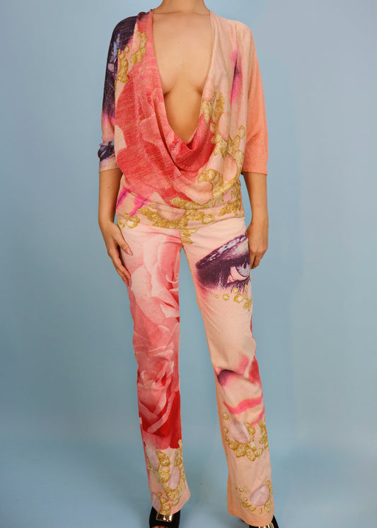 Roberto Cavalli Spring 2001 Runway Pink Face Print Cowl Knit Top & Jeans Set