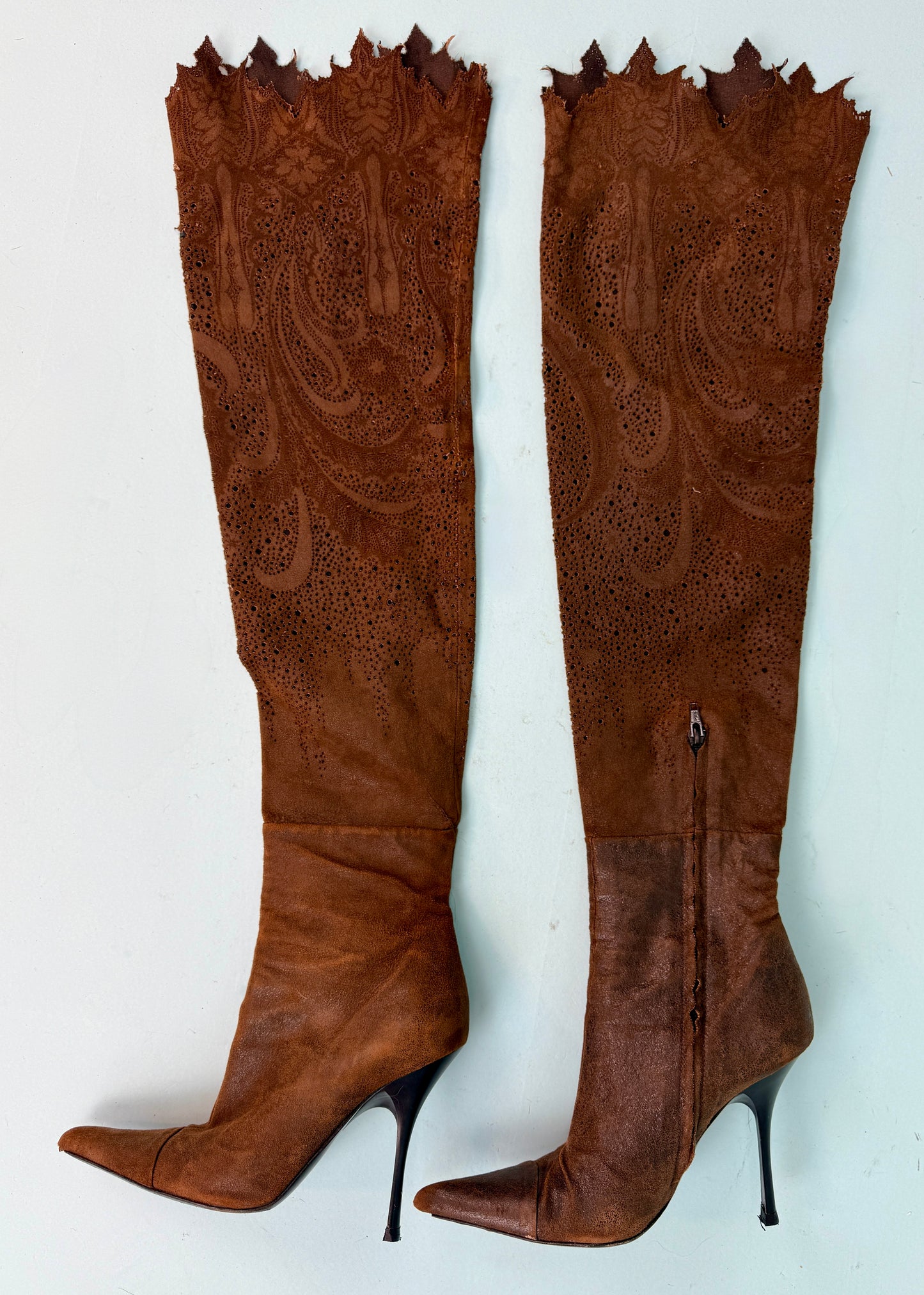 Roberto Cavalli Fall 2001 Runway Suede Perforated Thigh High Heeled Boots