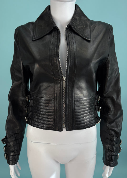 Celine Fall 2003 Runway Black Leather Buckle Detail Jacket