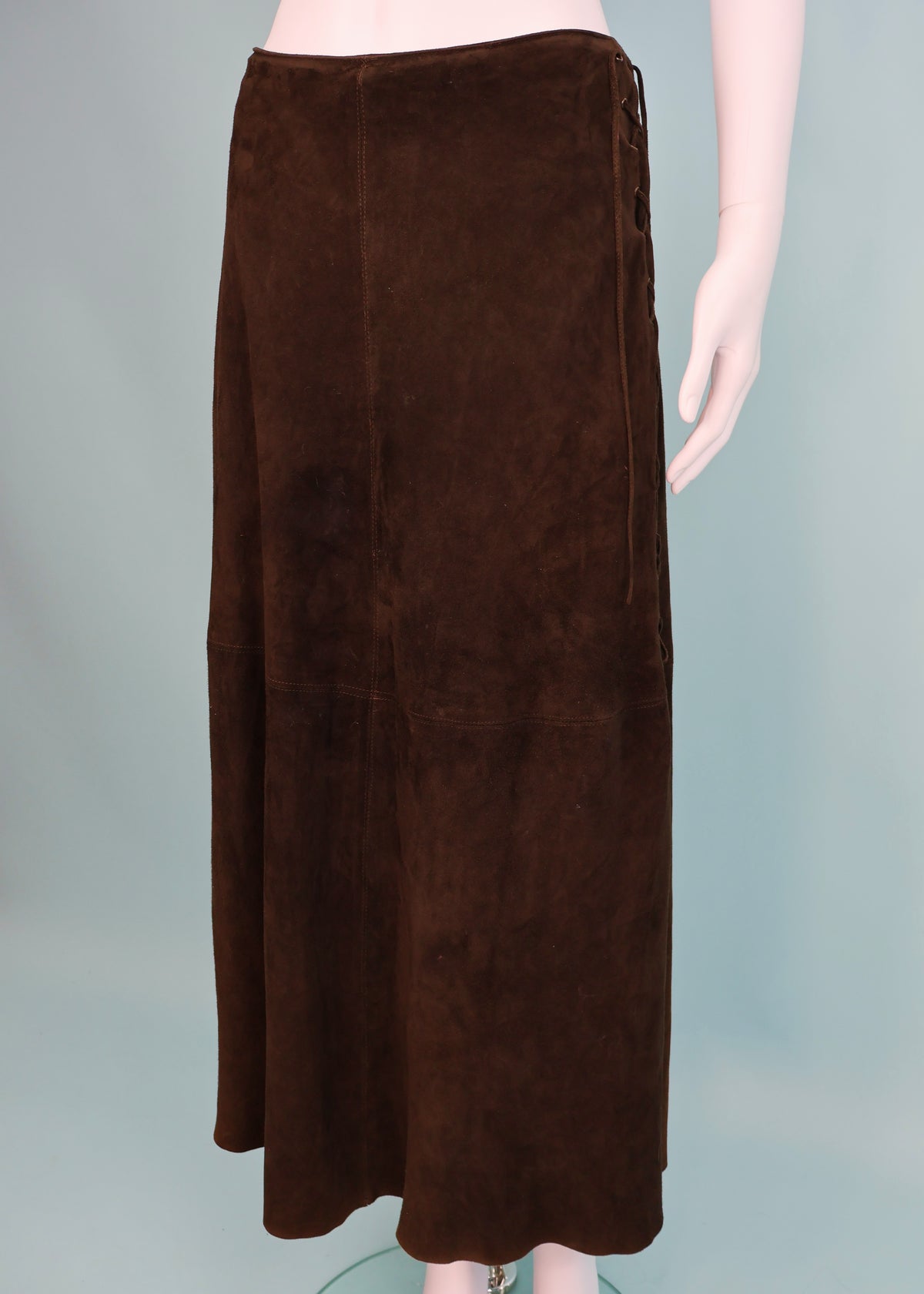 Prada Fall 1993 Runway Brown Suede Lace Up Maxi Skirt