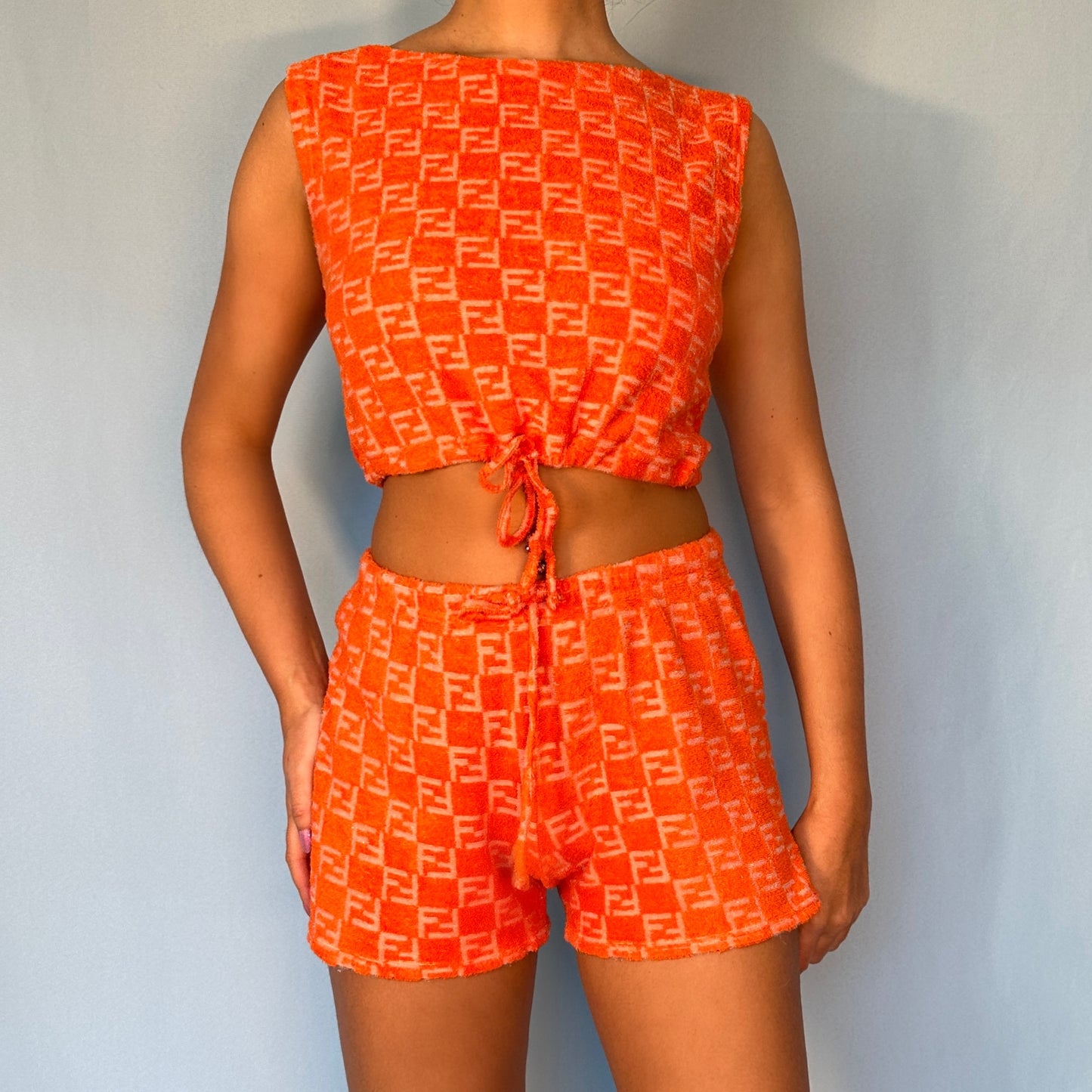 Fendi Orange Zucca Monogram Terry Towelling Shorts & Top Set