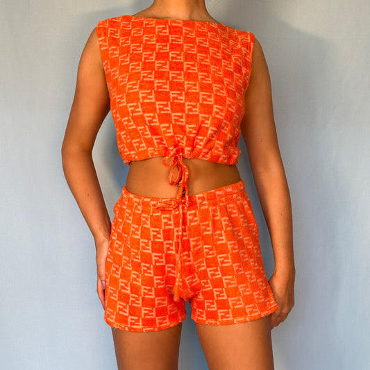 Fendi Orange Zucca Monogram Terry Towelling Shorts & Top Set