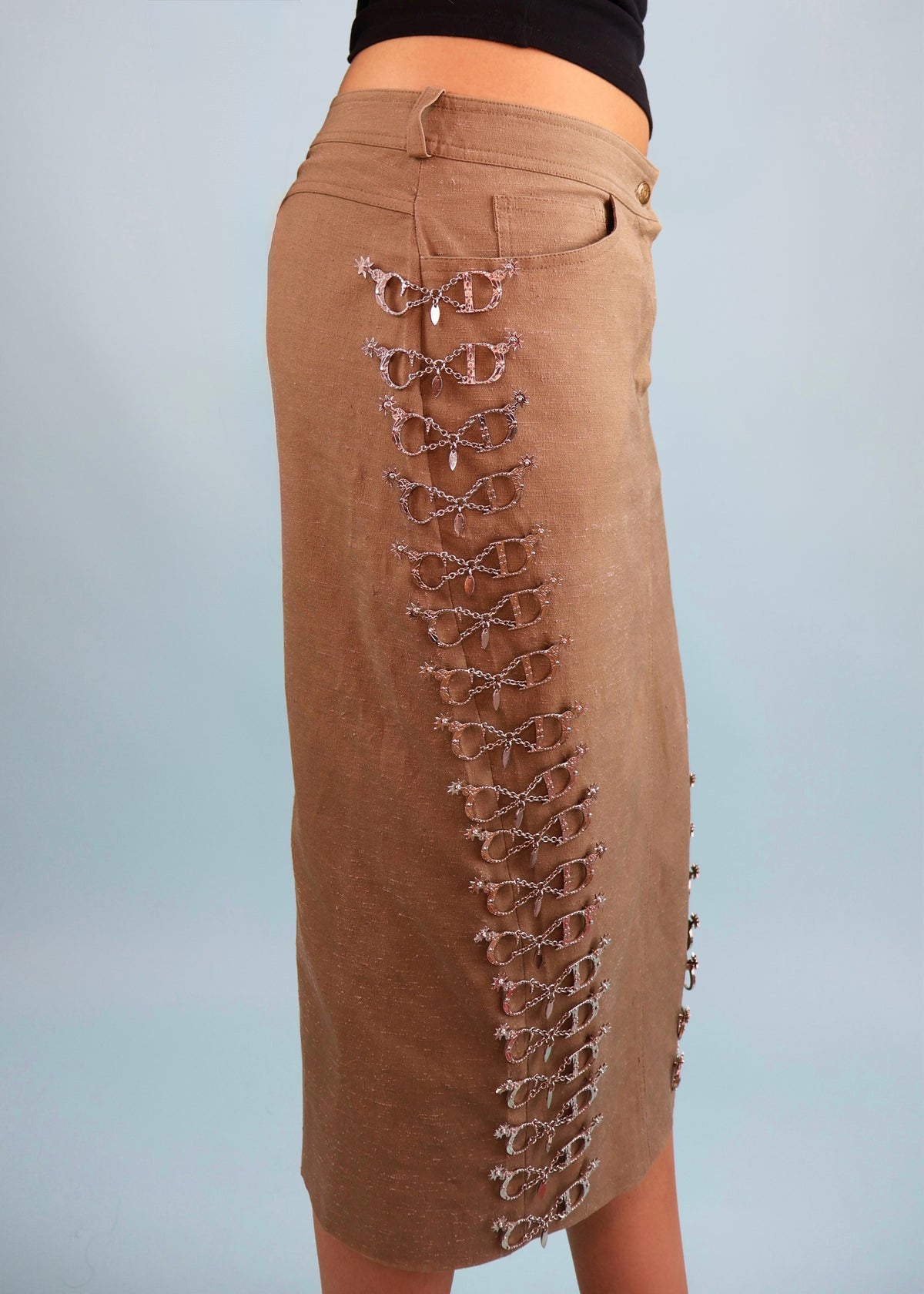 Dior Spring 2003 Khaki Western CD Spurs Details Midi Skirt