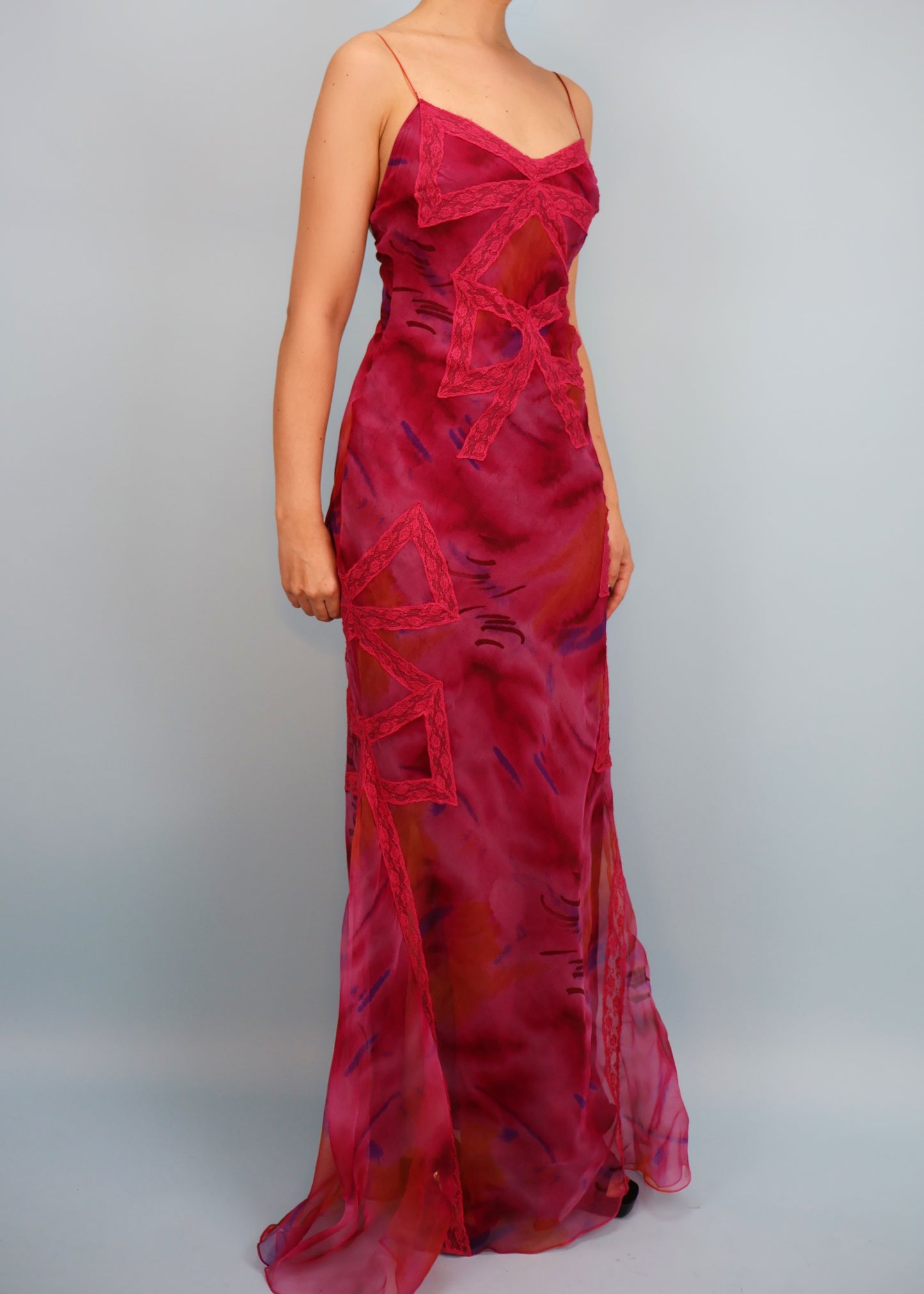 Dior Spring 2001 Pink Tie Dye Silk Bow Lace Gown