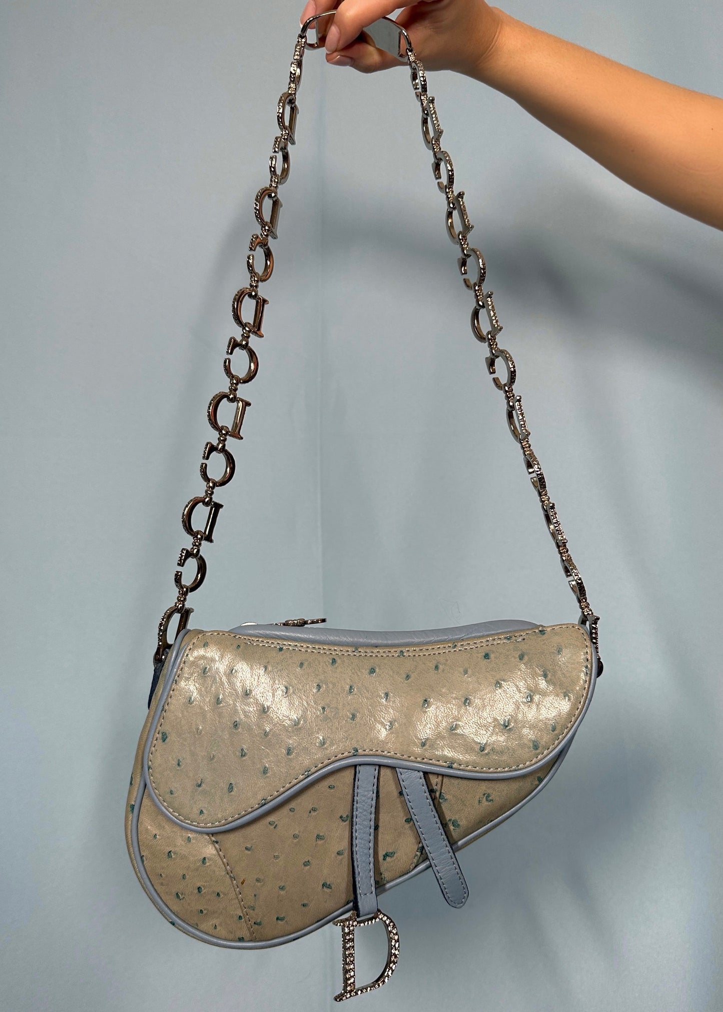 Dior Fall 2000 Blue Ostrich Leather Crystal Strap Saddle Bag