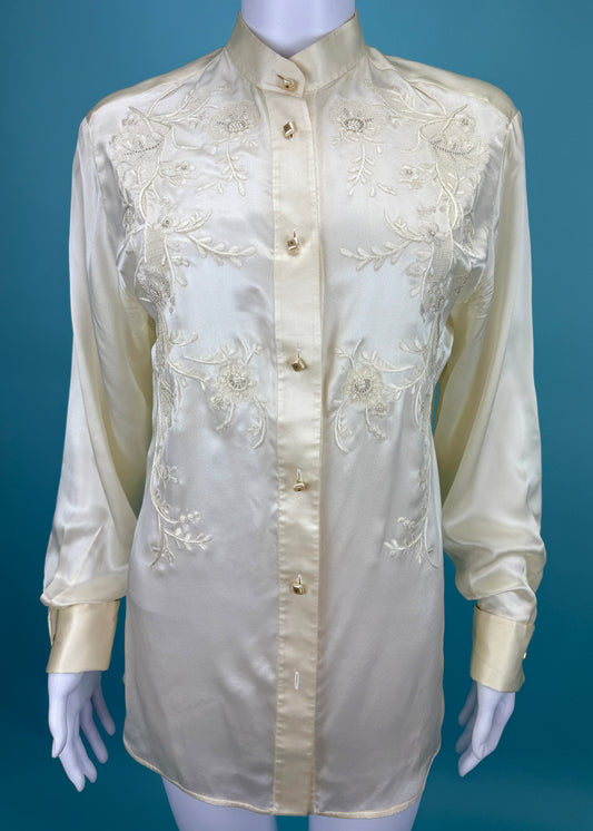 Valentino Spring 1999 Floral Embroidered Silk Shirt