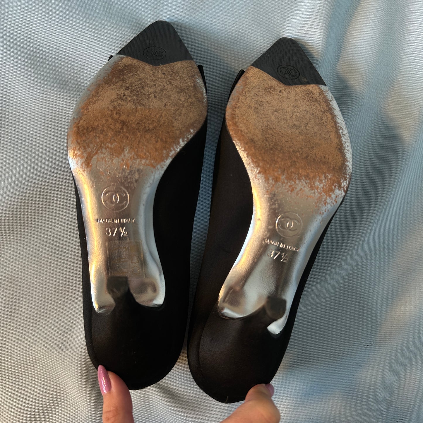Chanel Crystal Black Satin Pointed Toe Heels