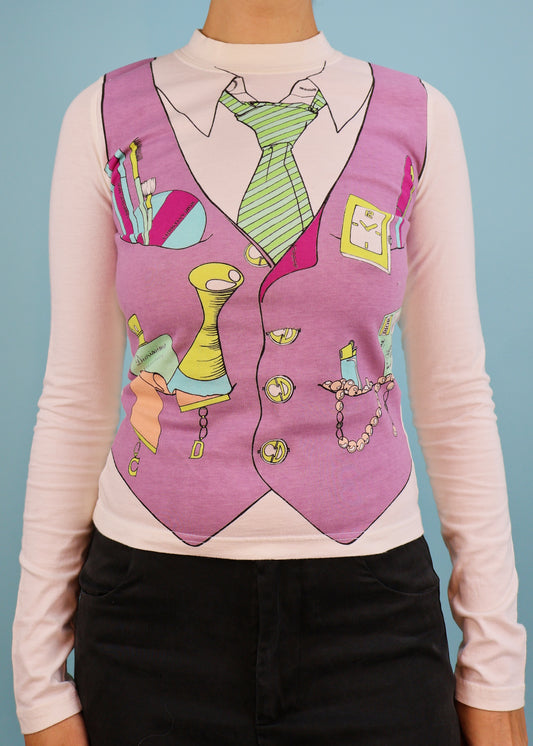 Dior Spring 2002 Vest & Tie Print Long Sleeve White T Shirt