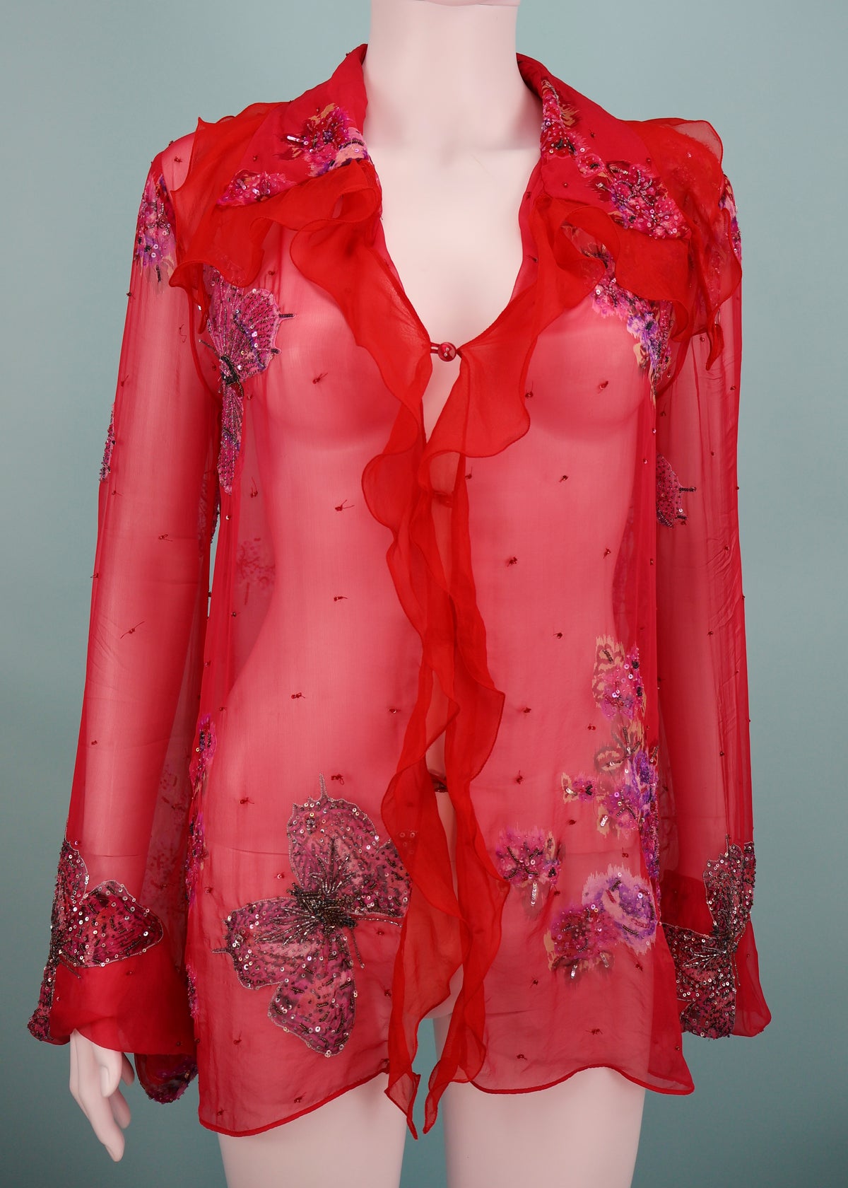 Emanuel Ungaro Pink Embellished Butterfly Silk Chiffon Ruffle Blouse