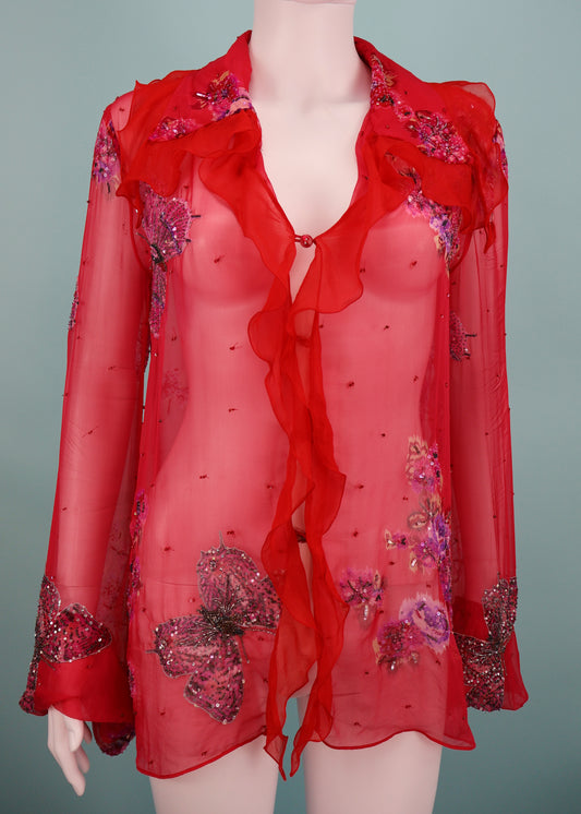 Emanuel Ungaro Pink Embellished Butterfly Silk Chiffon Ruffle Blouse