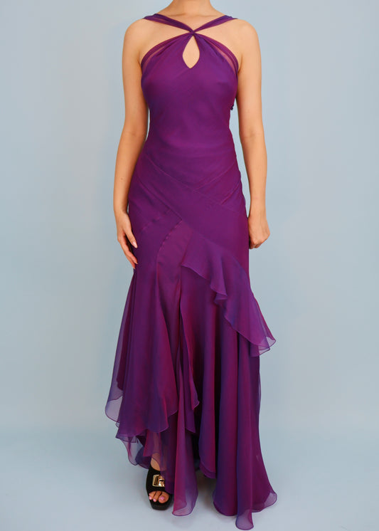 Dior Spring 2005 Purple Iridescent Silk Chiffon Peephole Halter Gown & Scarf