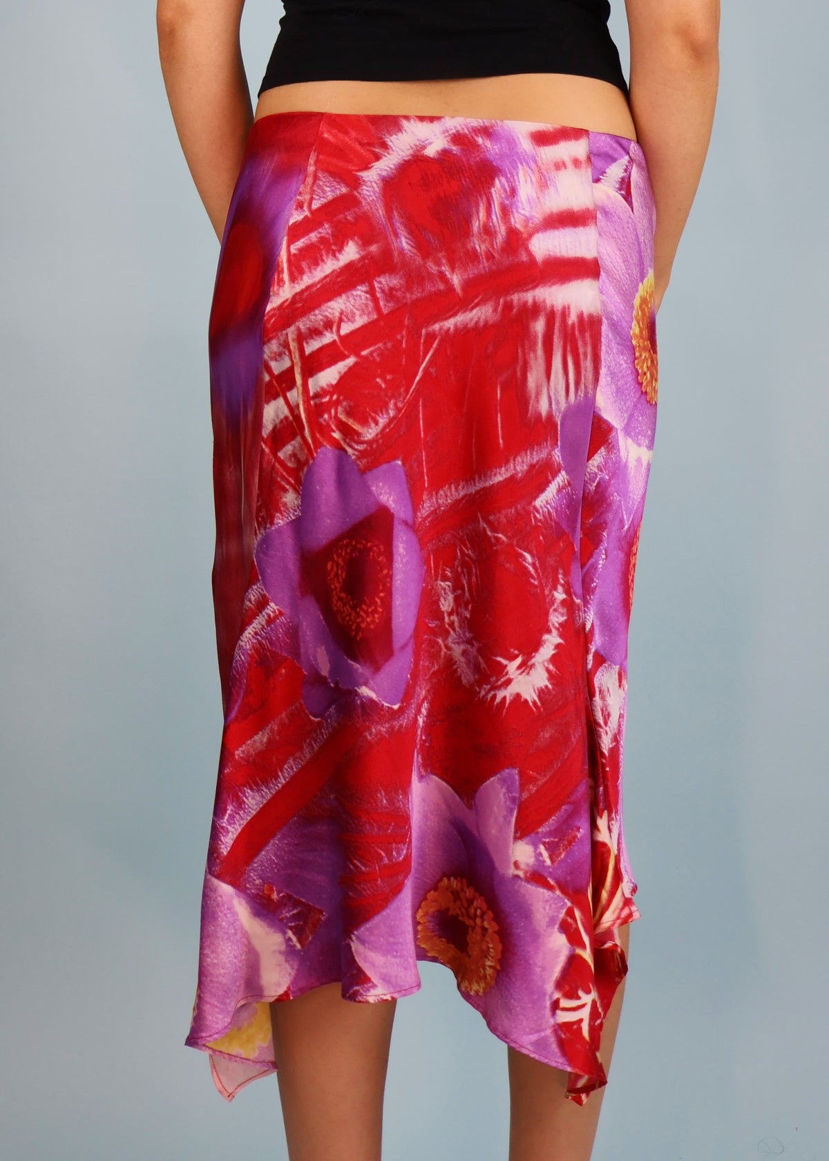 Roberto Cavalli Spring 2000 Red & Purple Floral Asymmetric Silk Skirt