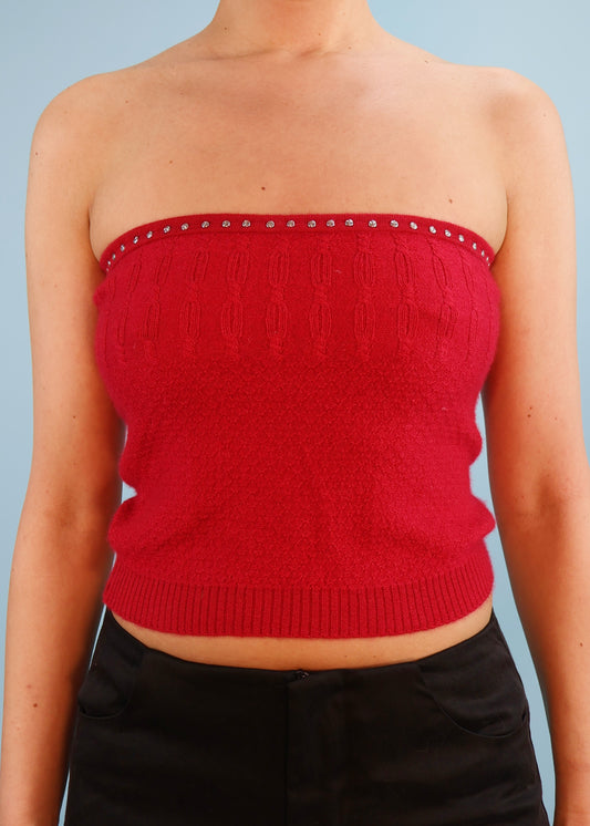 Chloé Spring 2001 Magenta Studded Cashmere Strapless Tube Top