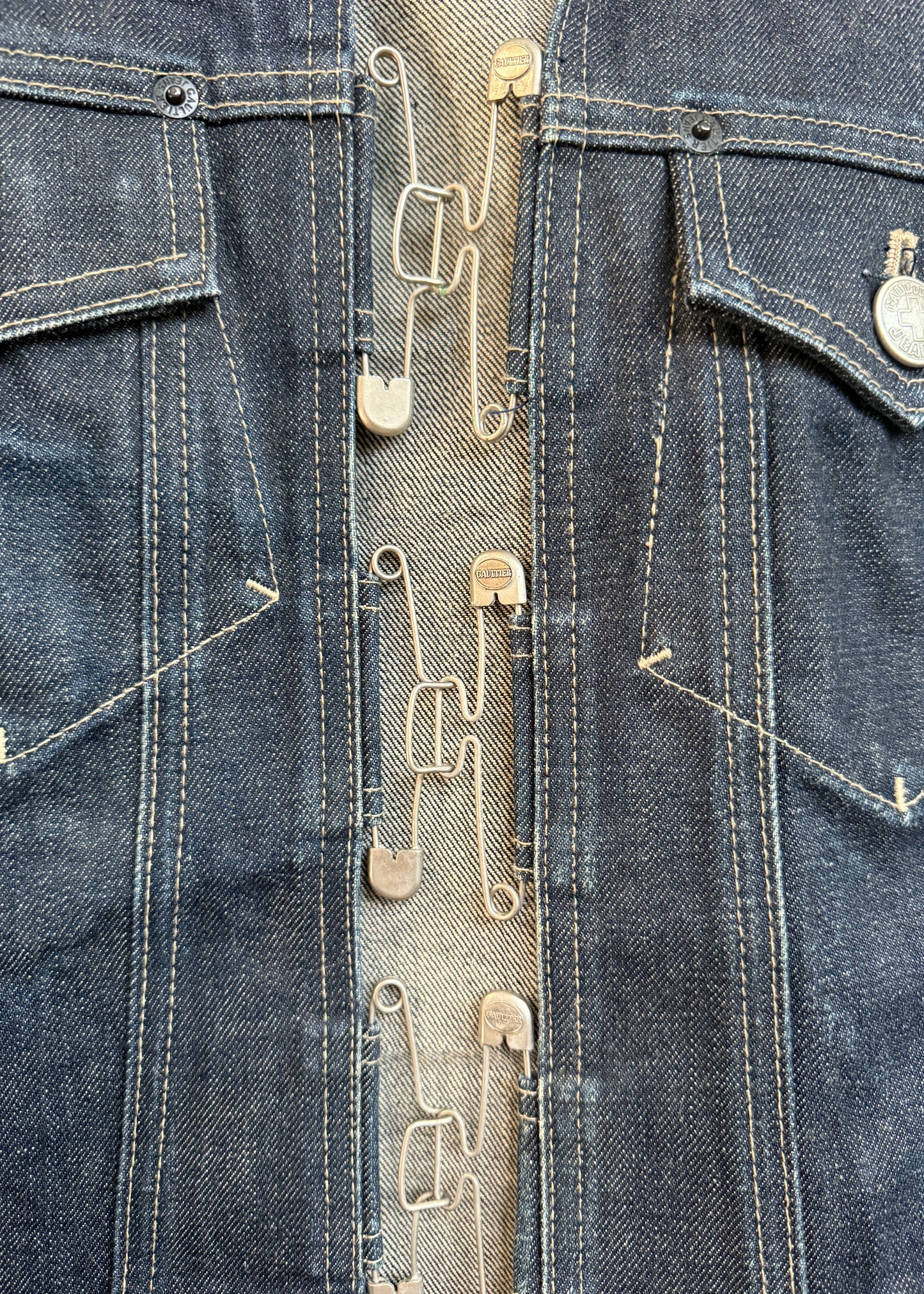 Jean Paul Gaultier Spring 1998 Safety Pin Clasp Denim Jacket