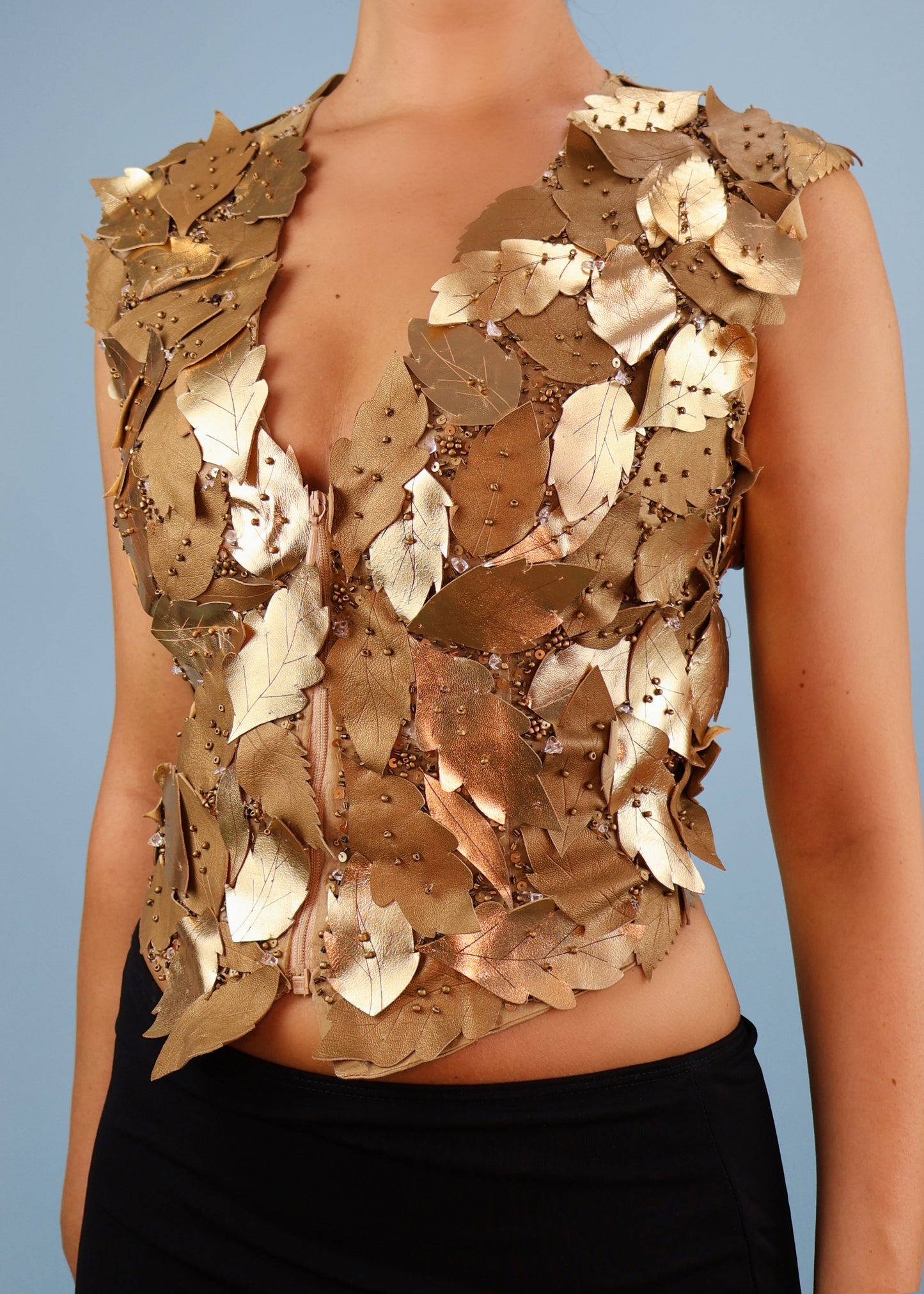 Valentino Fall 2002 Runway Sample Metallic Leather Leaf Appliqué Top
