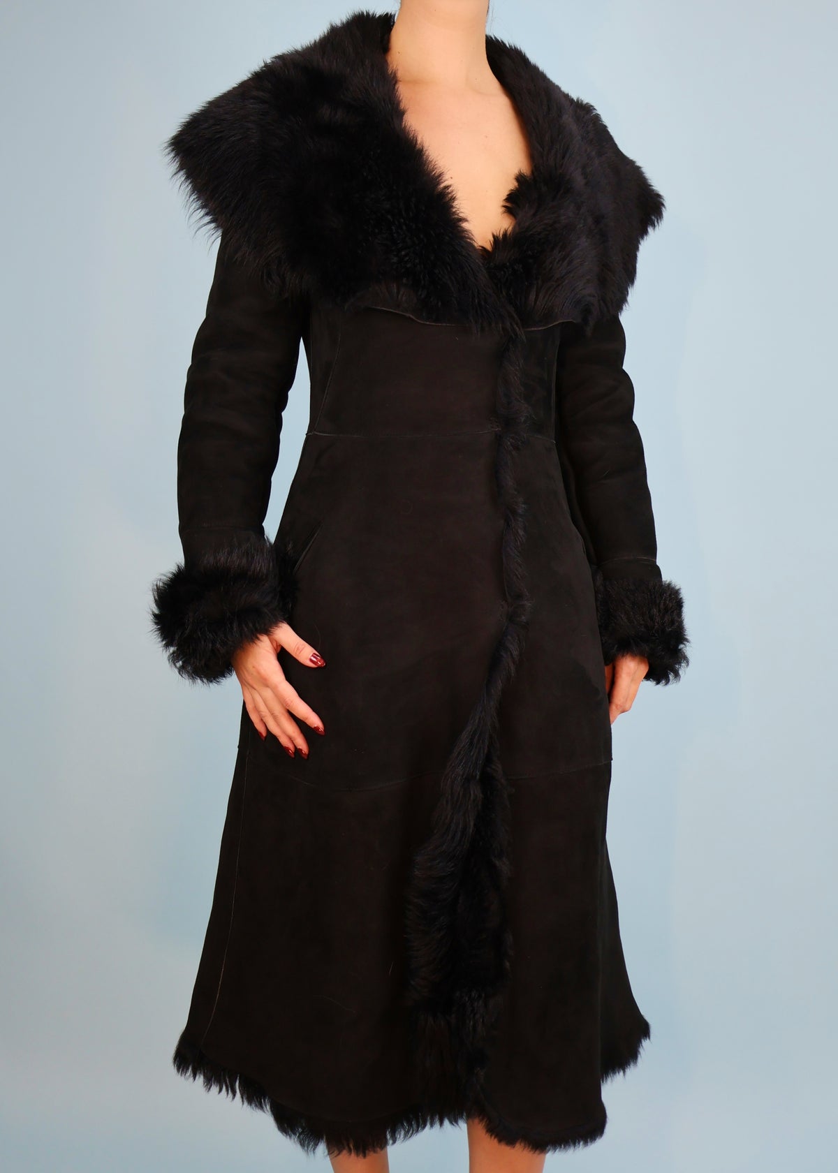 Alexander McQueen Black Suede & Shearling Oversized Collar Coat