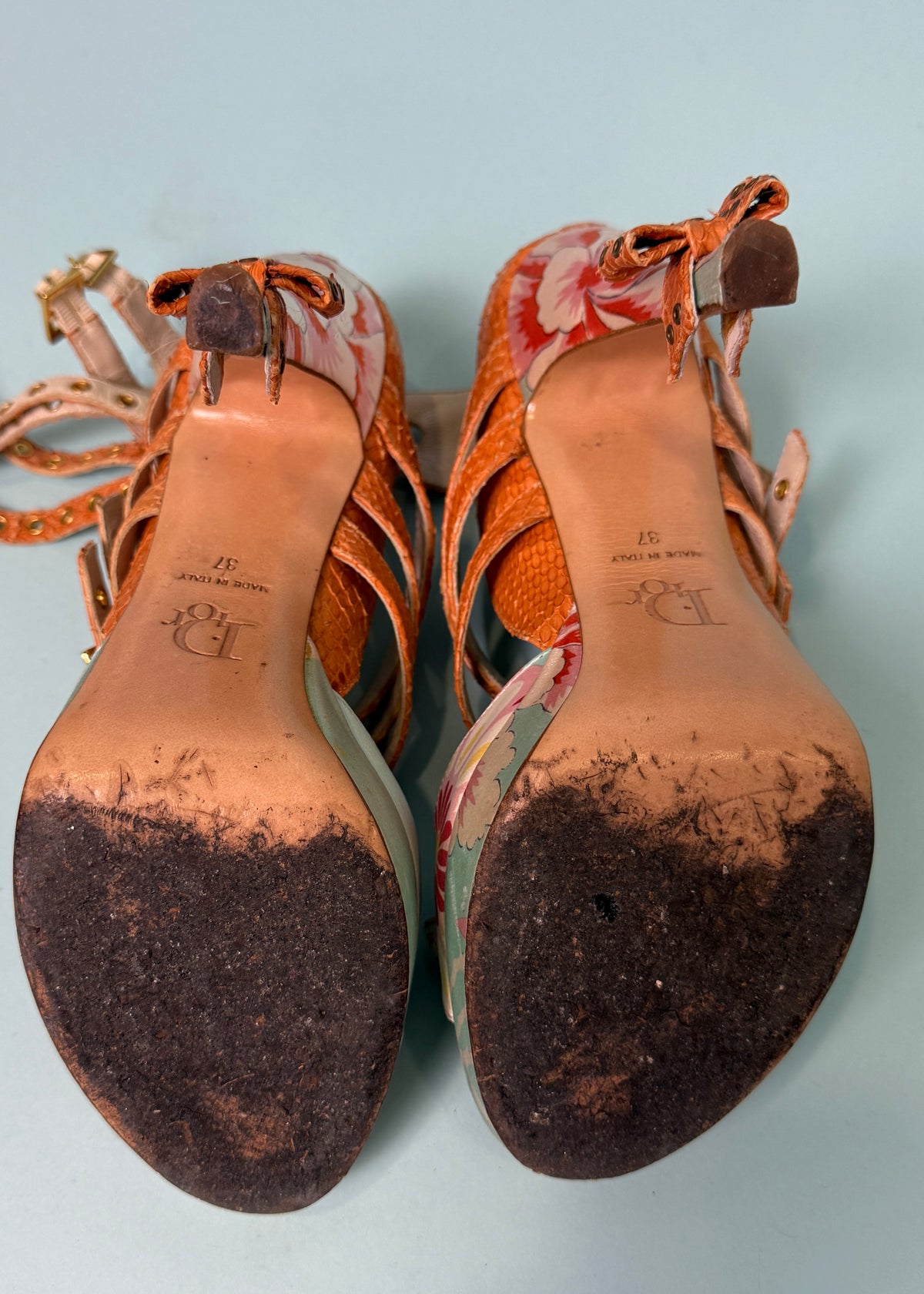 Dior Fall 2003 Floral Print Silk & Snakeskin Buckle Detail Heels
