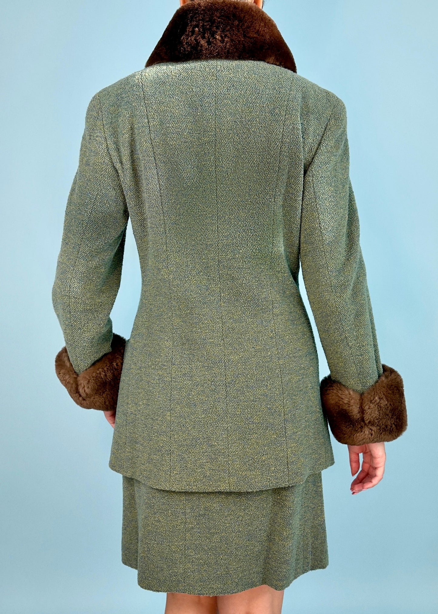 Chanel Fall 1989 Runway Green Boucle Fur Pom Trim Jacket & Skirt Suit Set