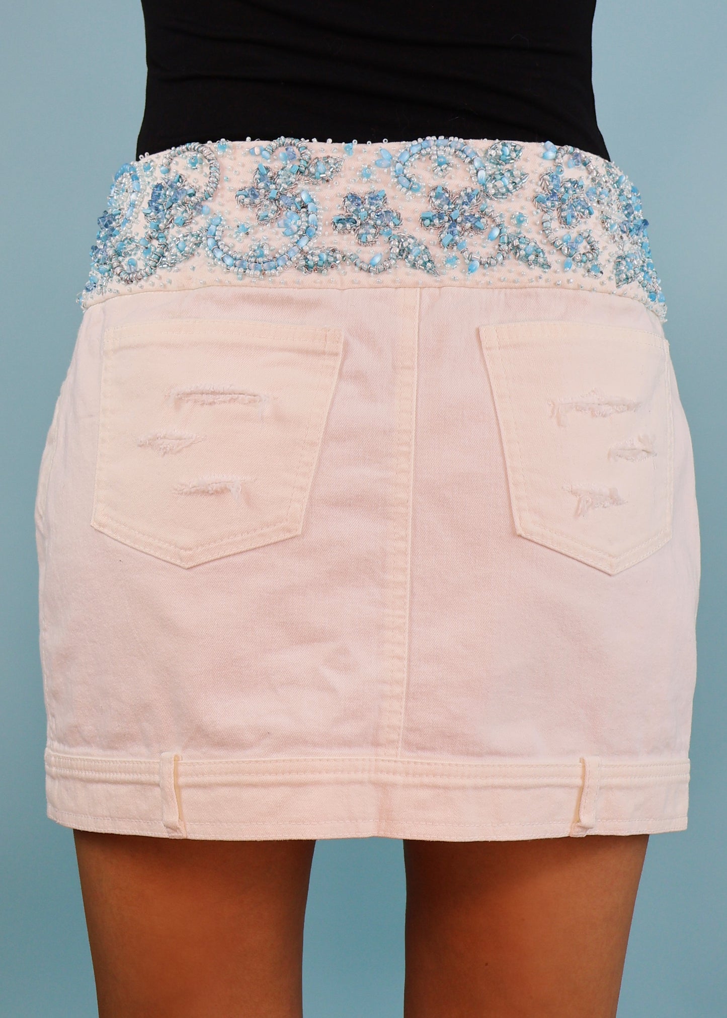 Escada Embellished Beaded Waistband White Denim Skirt