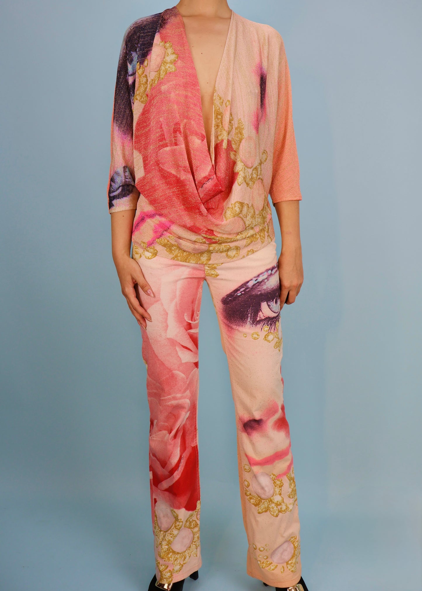 Roberto Cavalli Spring 2001 Runway Pink Face Print Cowl Knit Top & Jeans Set