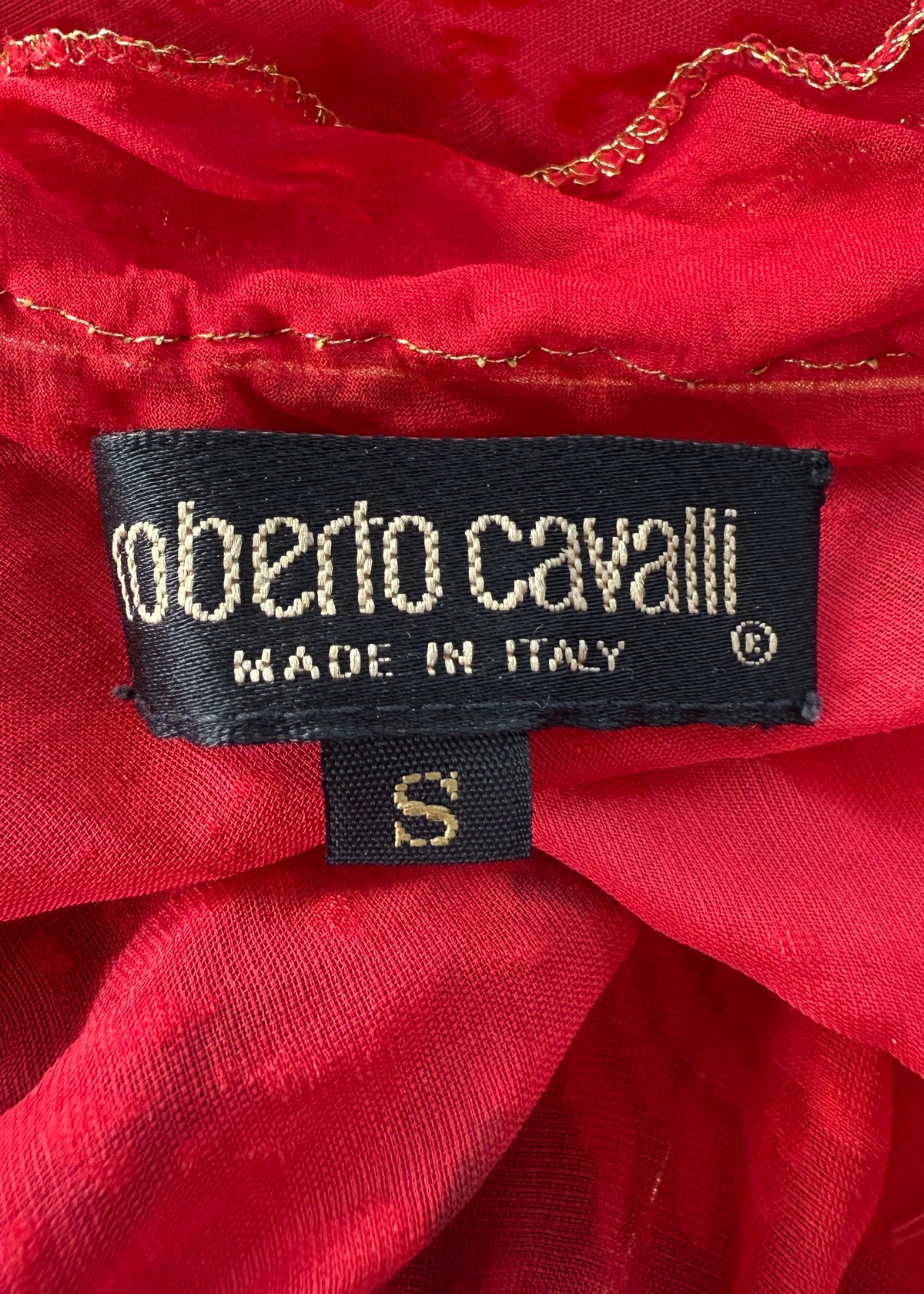 Roberto Cavalli Fall 1999 Runway Red Silk Devoré Velvet Flared Sleeve Top